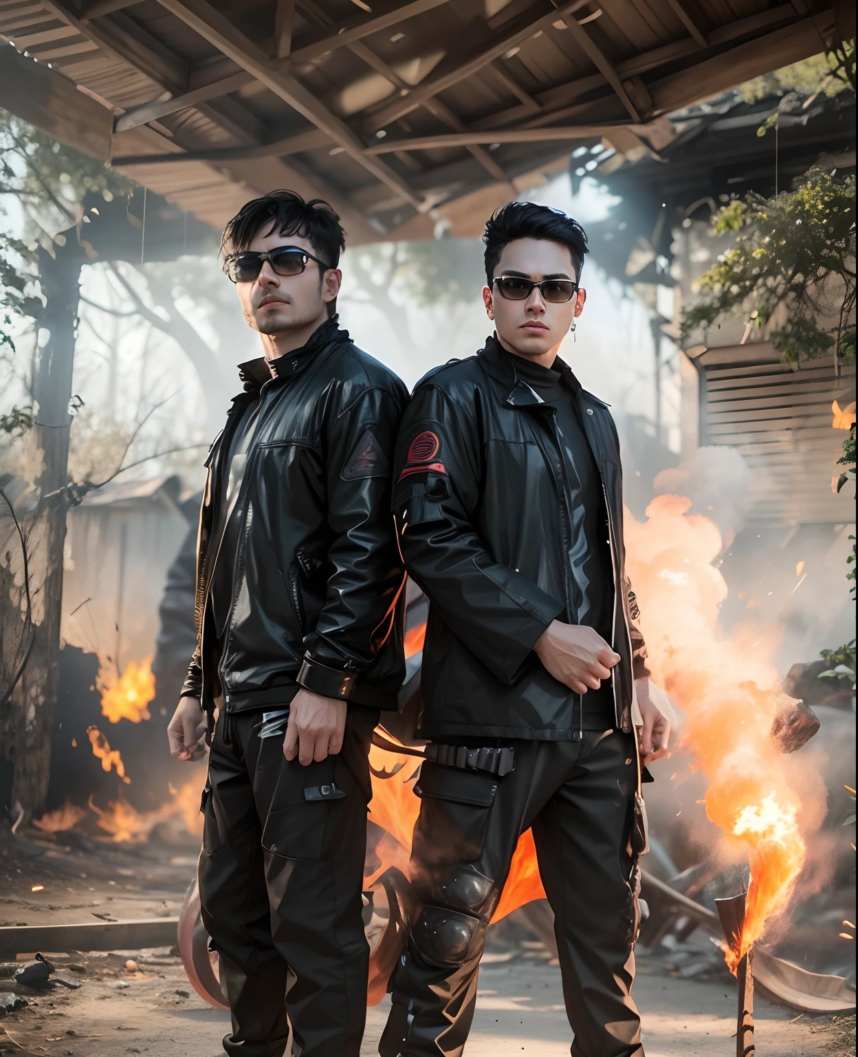 Enhance the background with warn and fire tone with glow effect in black clothes, don't change face