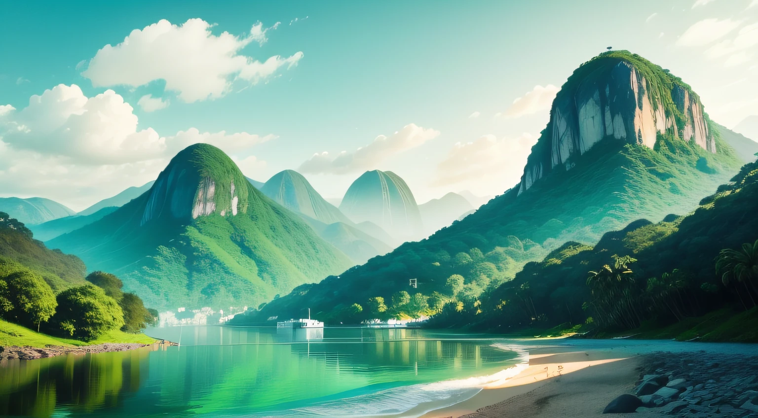 Green Mountains and Green Water,estilo de lavagem de tinta,Realistic and vivid,Noite,A lua paira alta,Canoagem no rio