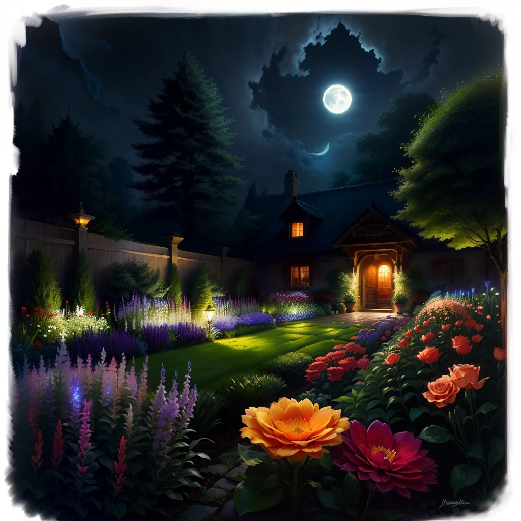 A garden shrouded in darkness and gentle moonlight illuminates flowersl
