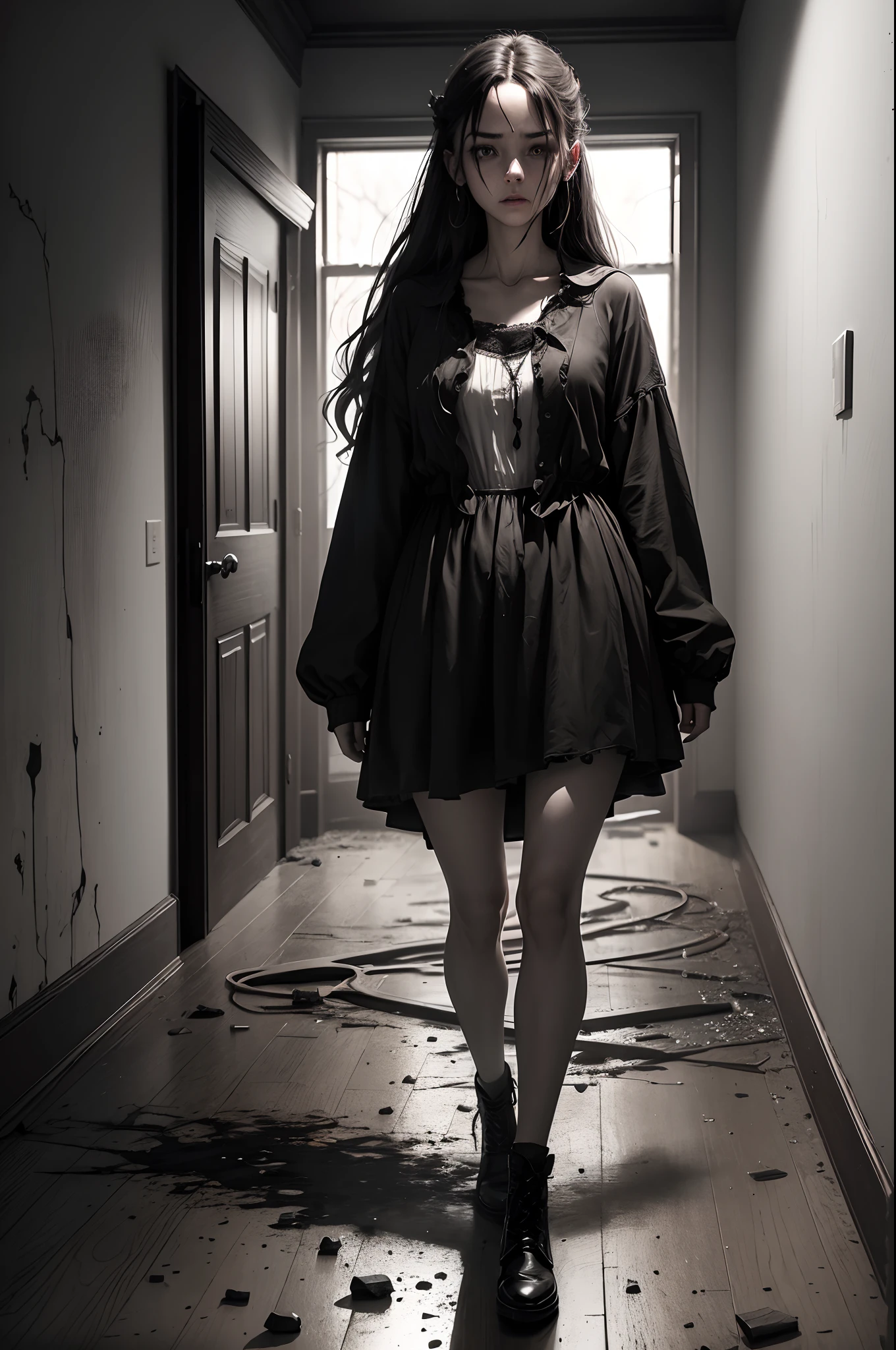 n the depths of an abandoned, dilapidated mansion, you find yourself alone. The air is heavy with a musty, unsettling scent, and the creaking of the floorboards under your weight echoes through the desolate hallways.As you wander deeper into the darkness, you hear inexplicable whispers that seem to come from nowhere and everywhere at once. Shadows dance along the walls, elongating and distorting in eerie shapes that send a shiver down your spine.A sudden gust of wind howls through the broken windows, carrying with it the faint sound of distant, haunting laughter. The flickering candlelight casts eerie, shifting shadows that seem to take on a life of their own, making your heart race with unease.As you enter an abandoned room, a tattered portrait on the wall catches your eye. Its once vibrant colors have faded, leaving behind a distorted, sinister visage that seems to follow your every move. The eyes of the figure in the painting bore into your soul, sending a wave of cold dread coursing through your veins.A door slams shut behind you, causing your heart to skip a beat. Panic sets in as you realize you are no longer alone. Footsteps echo ominously through the hallway, growing louder and closer with each passing second. You try to run, but your legs feel heavy, as if trapped in quicksand.A blood-curdling scream pierces the air, leaving you paralyzed with fear. The walls of the mansion seem to close in around you, trapping you in a nightmarish labyrinth. Whispers turn into menacing laughter, filling your ears and clouding your mind with a haunting presence that seems to feed on your terror.Just as you think you can take no more, the darkness engulfs you completely, leaving you in a state of perpetual dread. You are trapped in a never-ending nightmare, where the line between reality and illusion is shattered, and your deepest fears become your haunting reality