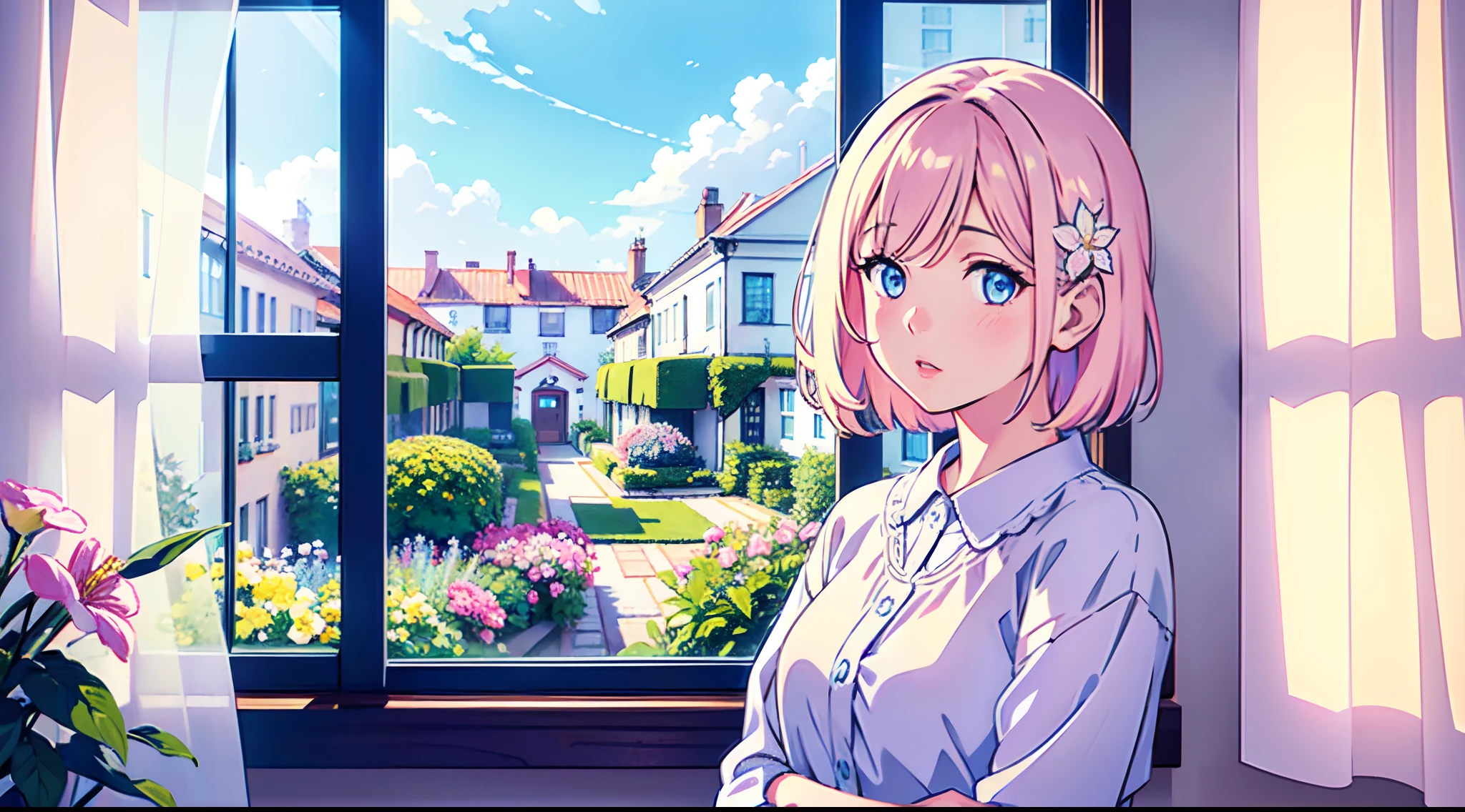 A girl stands by the window,illustration,Pastel colors,soft lighting,beautiful detailed eyes and lips,flower-filled garden outside the window,medium:1.2,ultra-detailed,photorealistic:vivid colors,sharp focus