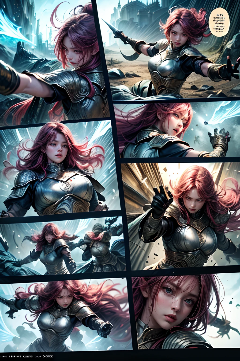 Comic storyboard:1.8, comic strip_layout,"The young woman transforms into a heavily armed female warrior, Holding a long sword, Fight monsters", anatomy correct,metall armour,fantasy, Ethereal, (isolation:1.1), (glaze:1.1), (reflective light:1.2), glass, polygon, Ultra detailed, Intricate, oil on the canvas, Dry brush, (surrealism:1.1), (Disturbing:1.1), Enhanced detail., 32K ,hyper HD,Comics-like panel layout, Voice balloons, English text, Hand drawn audio stickers used in comics.