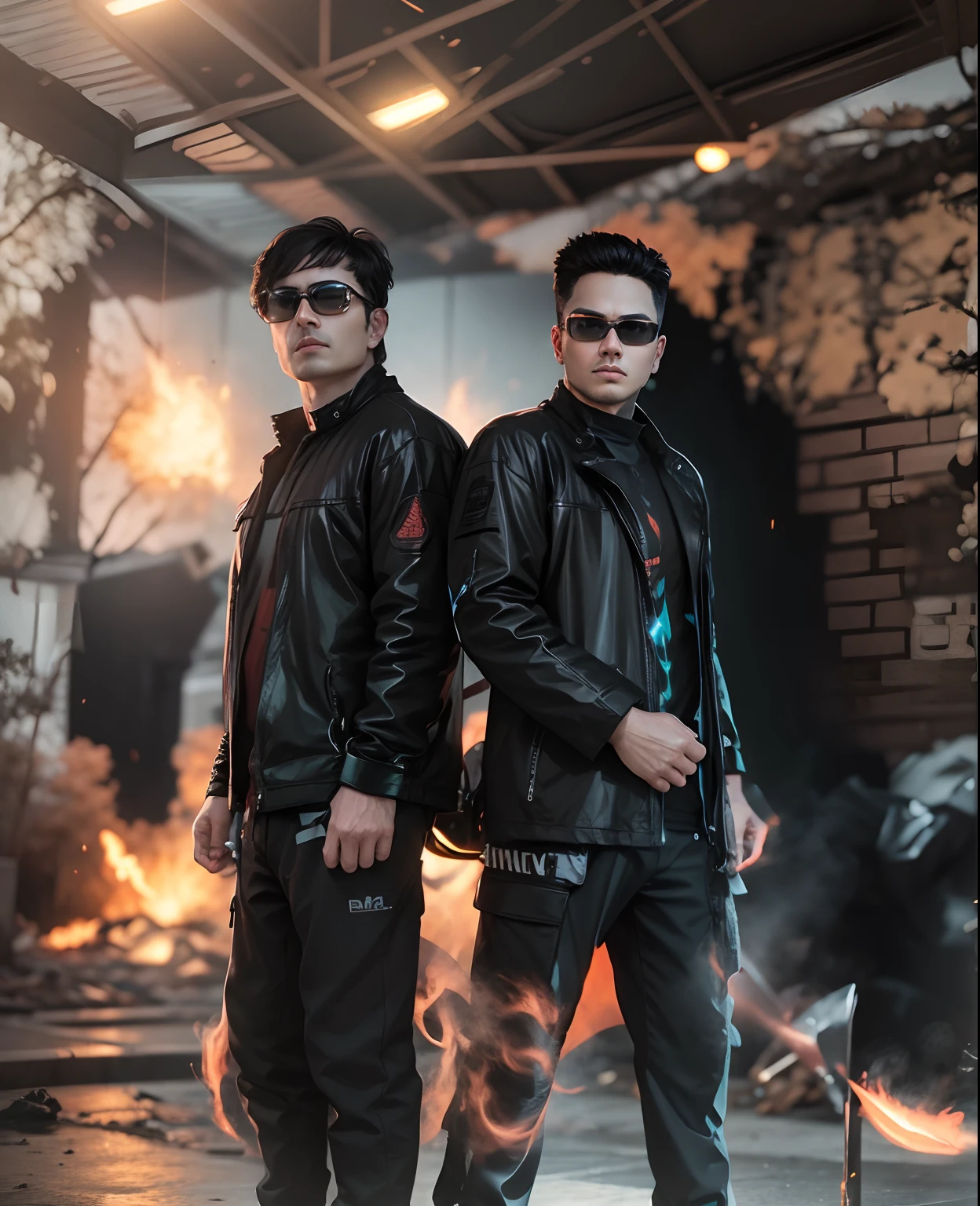 Enhance the background with warn and fire tone with glow effect in black clothes, don't change face