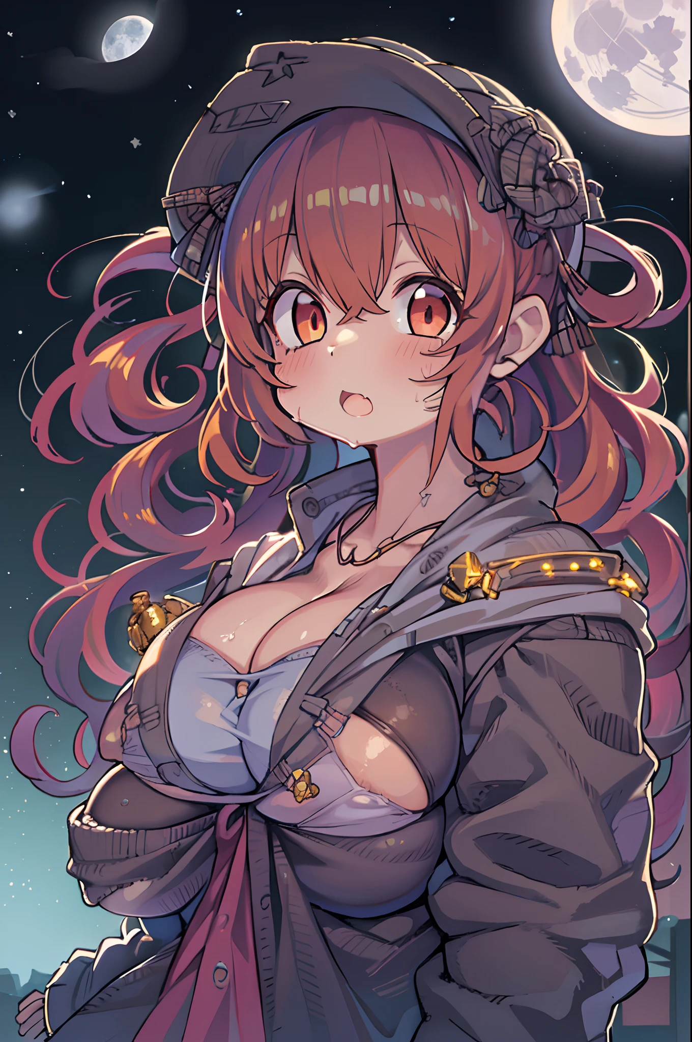 girl, looking at you, Face, High quality, Radiant, natta, red velvet,under big full moon、Looking up at the moon、fullmoon、((((huge-breasted)))),Chibi、Ultramammy、(((cleavage)))、mega boobs、