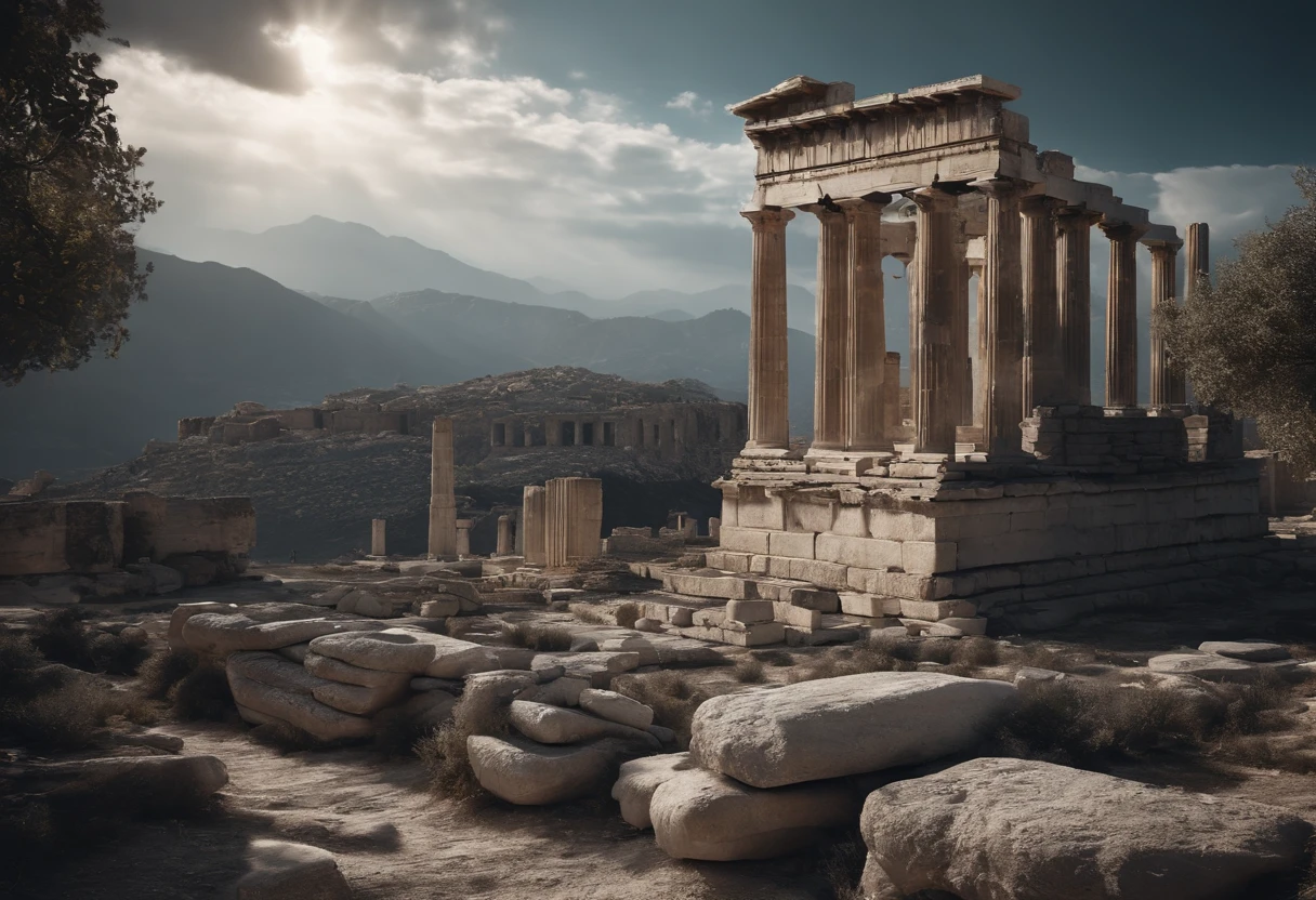 scenery, ruins of ancient Greece, destruction, black and white, 8k, cinematographic
