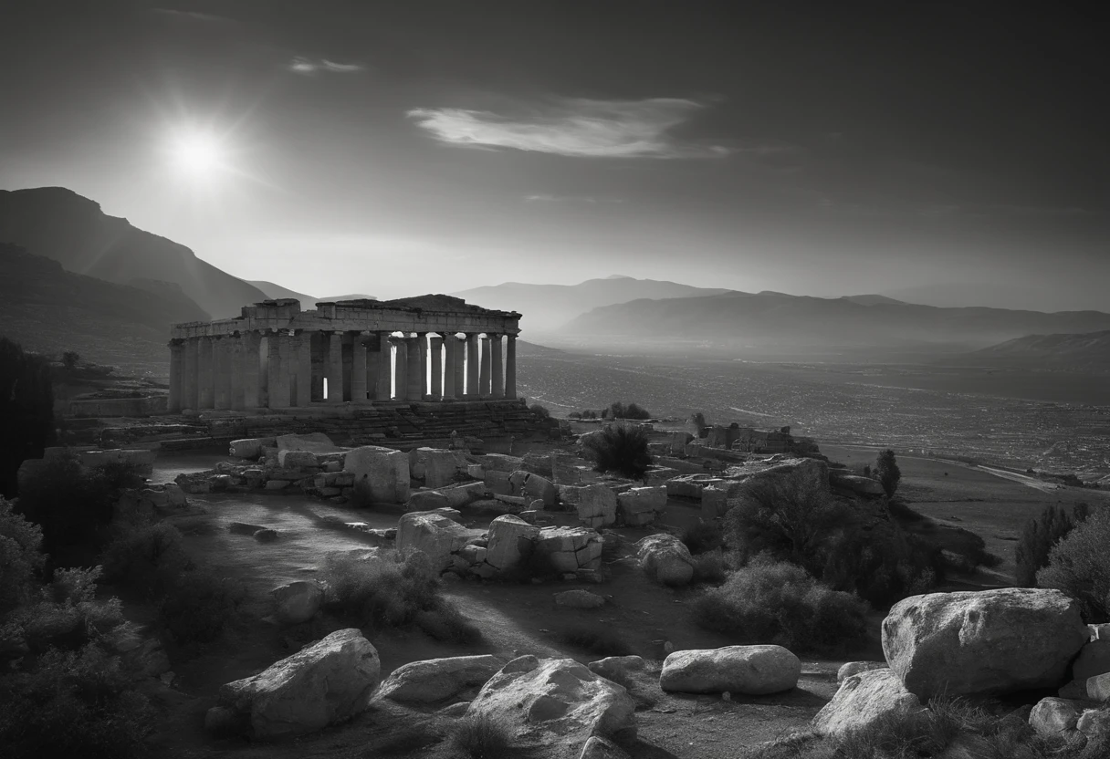scenery, ruins of ancient Greece, destruction, black and white, 8k, cinematographic