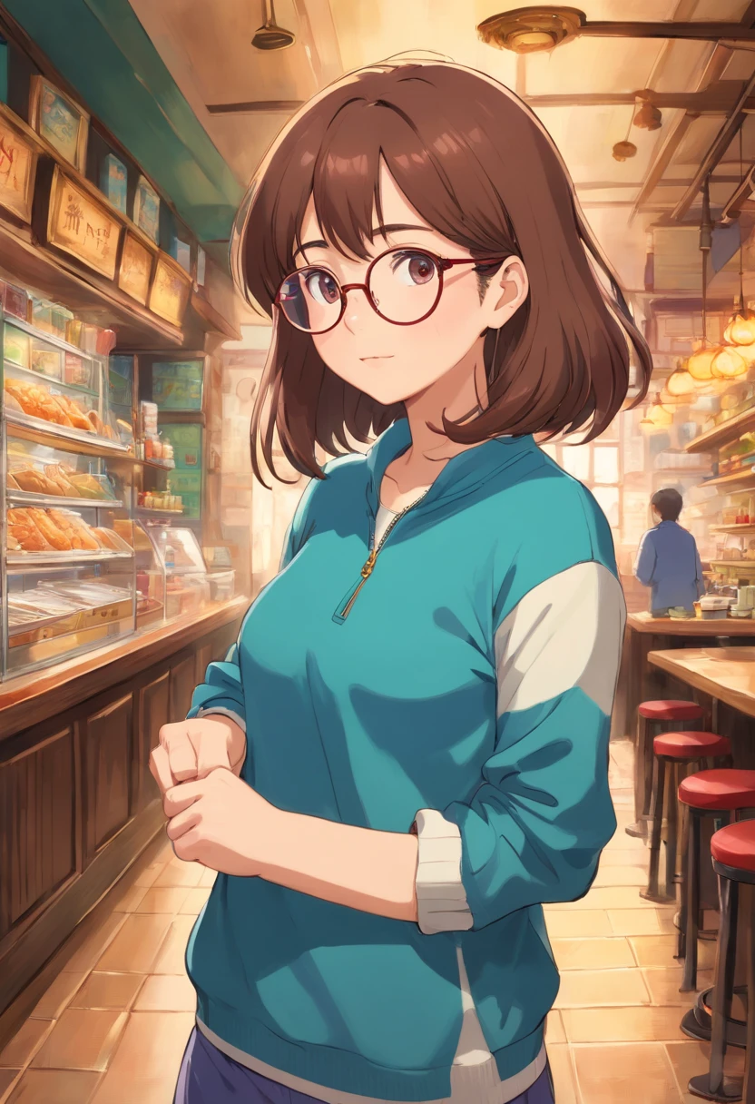 27yr old female ,curvy ,Piel oliva , straight brown hair , ,ojos cafe ,lentes de marco dorado ,senos enormes ,sueter  cuello de tortuga color negro ,chaqueta de mezclilla de color azul ,tenis de color rosa