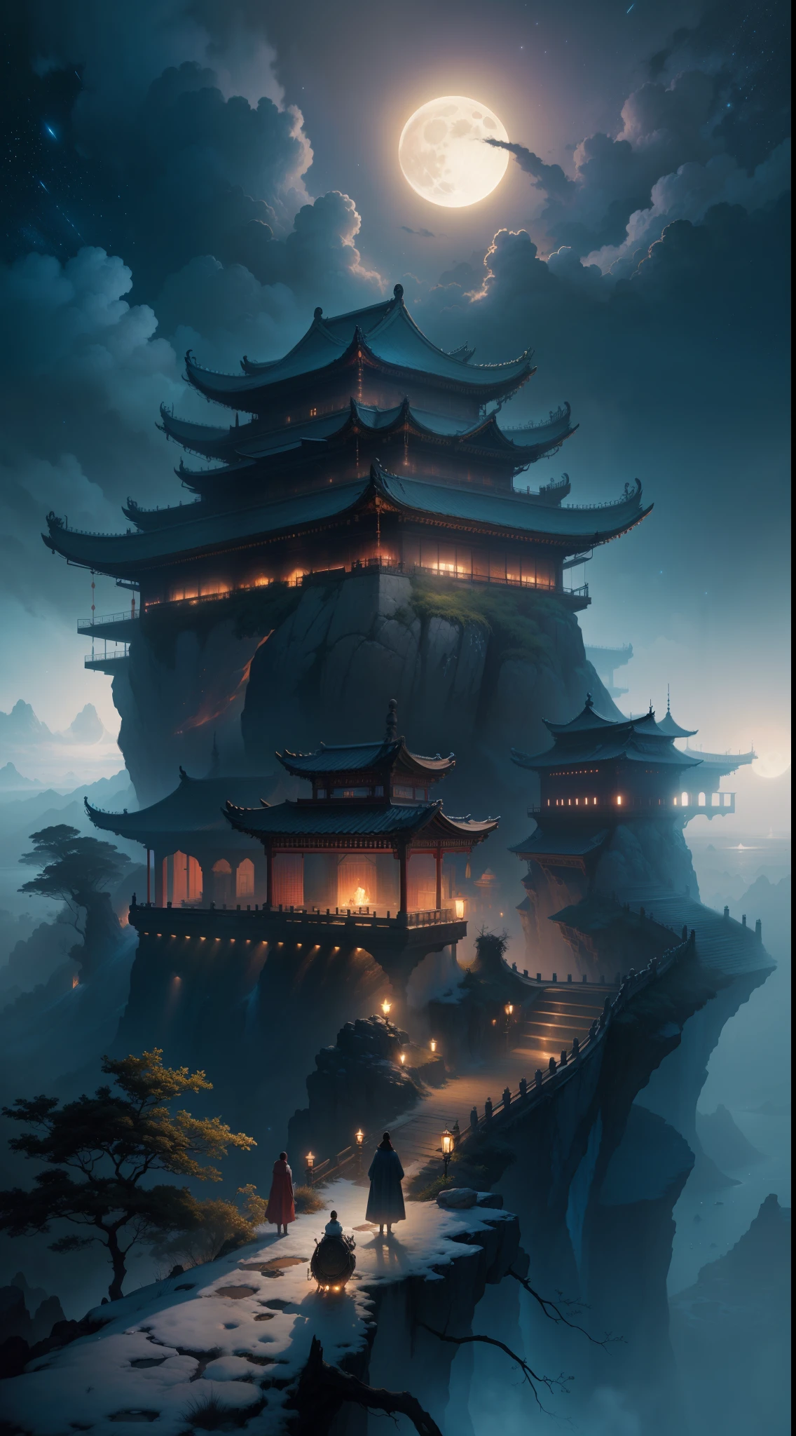 uma bela pintura da Grande Muralha da China, Soft moonlight in the night sky, em Magnificent john howe paisagem, luz de fundo, fantasia, high-definition, Greg Rutkowski, art-station, Motor irreal, Efeito de Luz, conto de fadas wlop