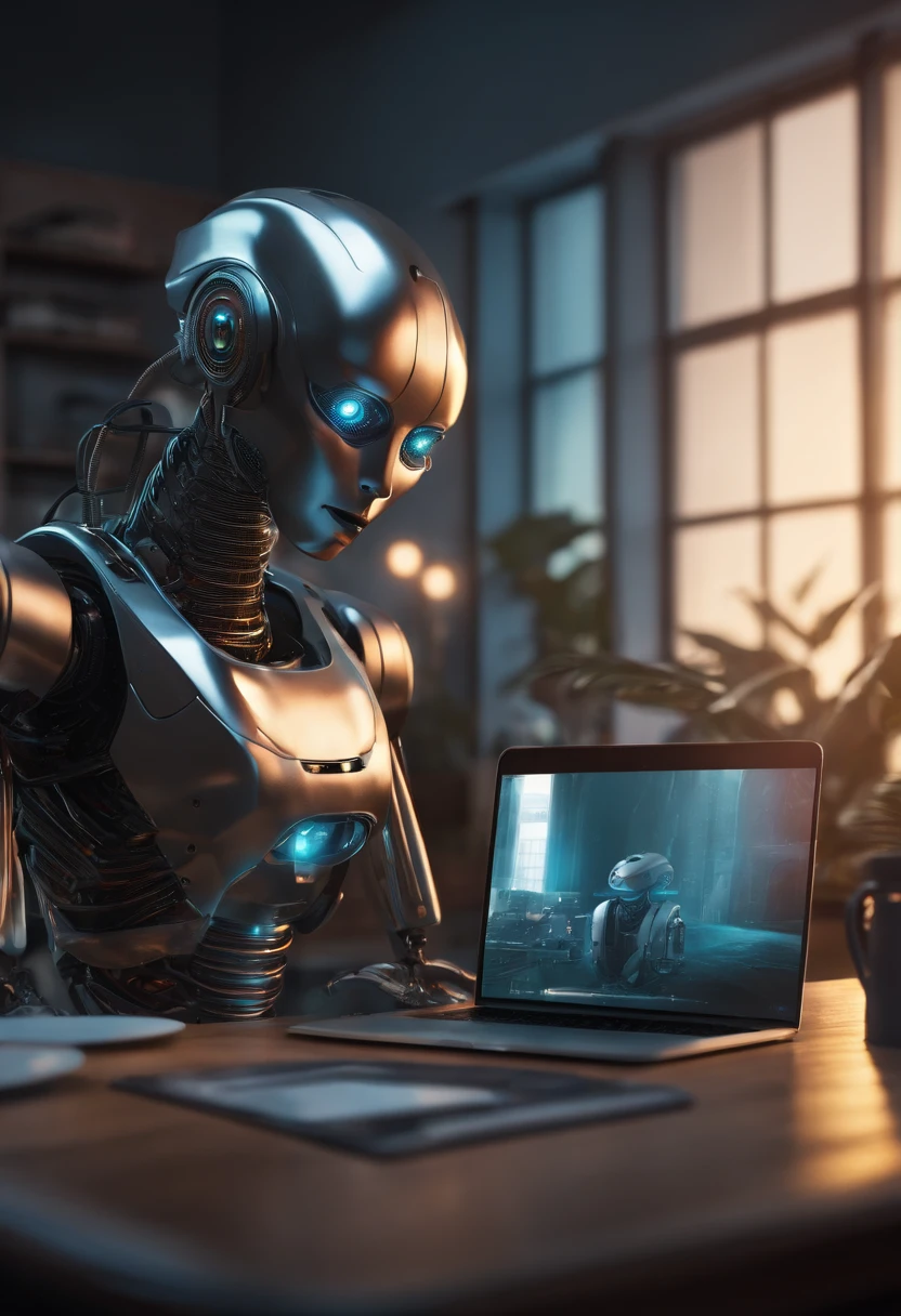 A futuristic robot emerging in 3D from a laptop screen on a table, with a shocked person next to it, eyes wide open and mouth agape, witnessing the surreal event.