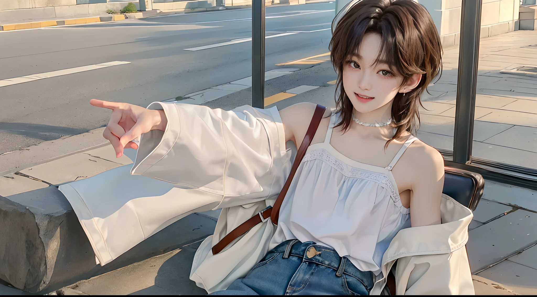 ((4K works))、masterpiece、(top-quality)、((high-level image quality))、Photos of men and women of short stature、Brother and sister photo、Sibling、((Brother and sister photo))、((Family Photography))、((With a manly boy))、((Kawaii short stature girl))、Slim body、((Jeans Fashion))、((Men's Fashion))、((Holding a backpack and iPhone in hand))、(Detailed beautiful eyes)、In a fashionable city、Sitting on the curb and listening to music、Face similar to Chaewon in Ruseraphim、((With a man with short hair over the ears))、((Short stature girl with long hair from shoulders down))、((Smaller face))、((Neutral face))、((Light brown eyes))、((With a Korean boy))、((Korean girls of short stature))、((With an 18-year-old man))、((Elementary school girl of short stature))、((Handsome man))、((Teeth and smile expression))、((Korean Makeup))、((elongated and sharp eyes))、((photo of a model))、((Like a celebrity))、Professional Photos、((Shot by two))、((Sitting on the curb and listening to music through headphones))、((They sit in front of the viewer))、((Shot diagonally up from the front))、((Short girl with long hair taking a picture with him))、((Men's and Women's Two-Shots))、Lori of short stature