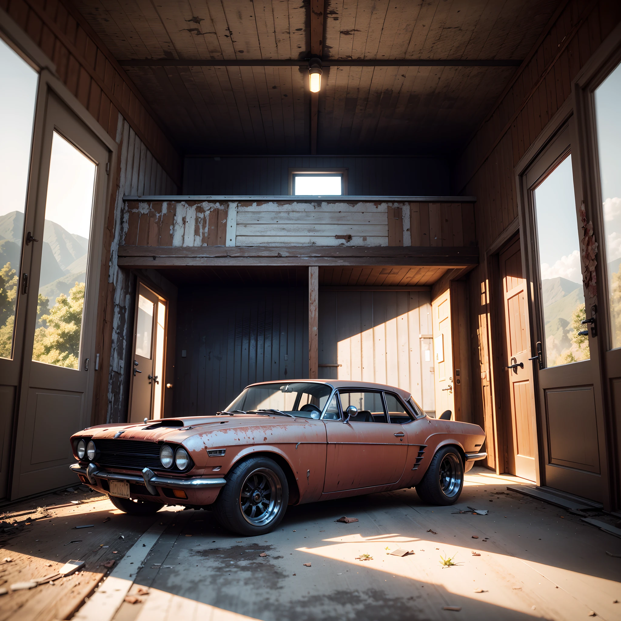 An old and abandoned rusted blue 1960's concept Supercar that was found inside of an old barn which is located in the middle of a mountainous forest at sunrise with cloudy weather the perspective is shown as if you are standing at the doors of the barn looking at the side of the car 4k 3d render unreal engine 5 rendered with blender and octane global illumination