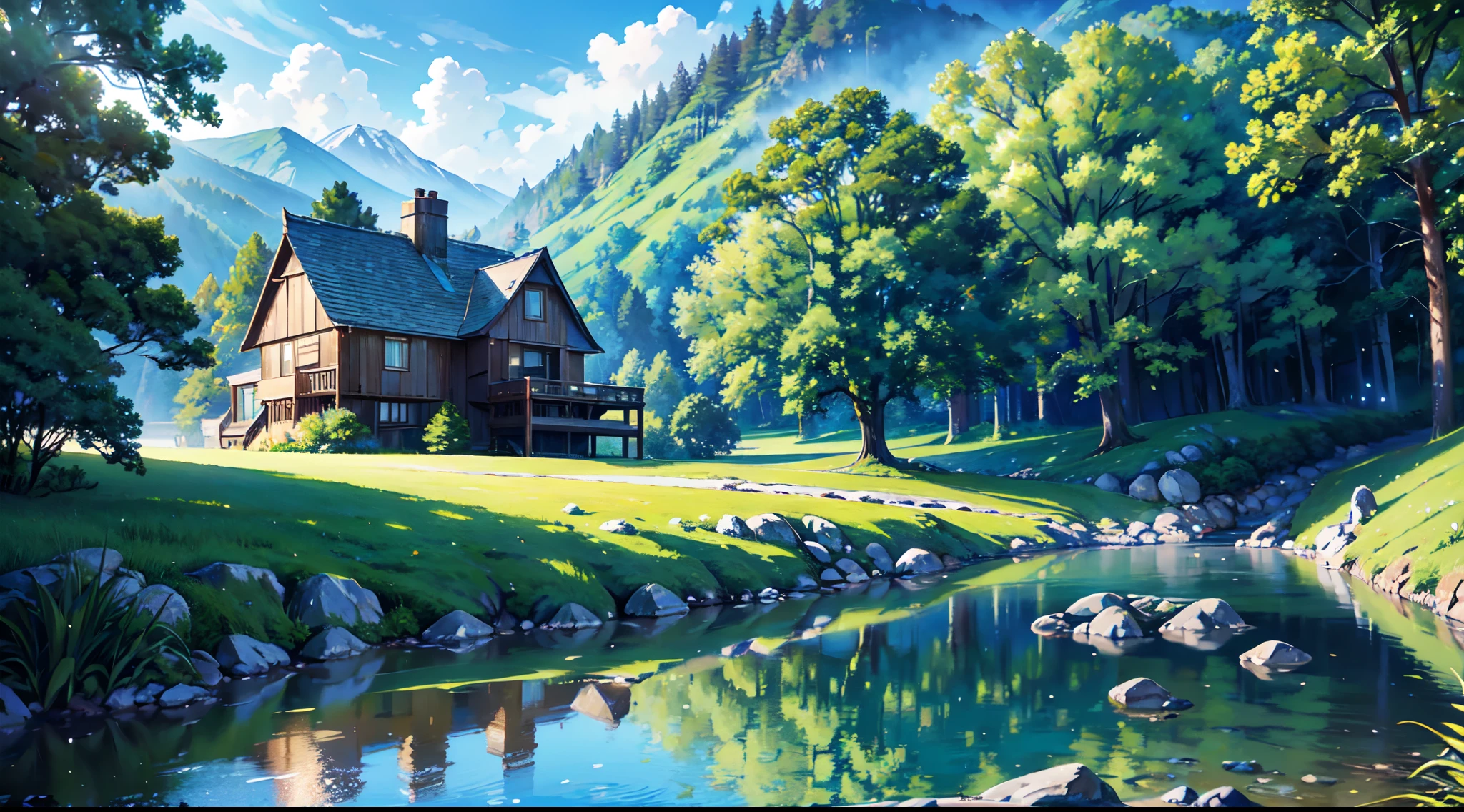 (a house by the river), oil painting, peaceful atmosphere, warm sunlight, lush green trees, shimmering water, reflection of the house on the river, detailed brushwork, vivid colors, realistic rendering, tranquil scenery, picturesque view, calm and serene, impressionistic style, soft and gentle brushstrokes, harmonious composition, natural beauty, soothing ambiance, idyllic landscape, cozy and inviting, clear blue sky, distant mountains, charming countryside, warm and inviting, inviting viewer to explore, ethereal and dreamlike, capturing the essence of nature, a place to escape, a moment of tranquility, a hidden gem. (best quality,4k,8k,highres,masterpiece:1.2),ultra-detailed,(realistic,photorealistic,photo-realistic:1.37), HDR, UHD, studio lighting