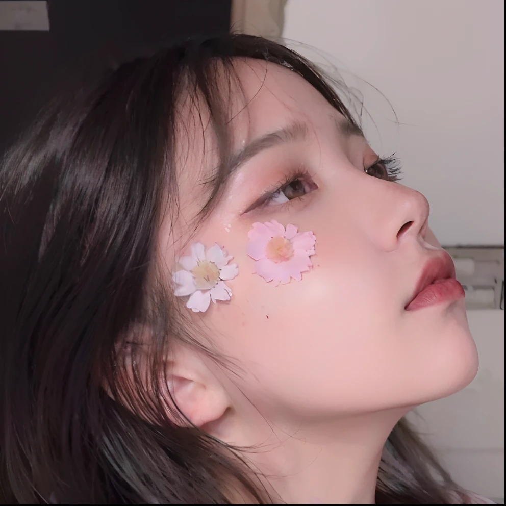 A woman with flowers painted on her face and eyes, With flowers, girl with a flower face, beautiful aesthetic face, Her face is a lilac flower, flowers on the cheeks of the heir, her face looks like an orchid, ulzzangs, dreamy aesthetic, flower face, flowers covering eyes, lofi girl aesthetic, Aesthetic Face, aesthetic portrait, Very aesthetic!!!!!!!!!!!!!!!