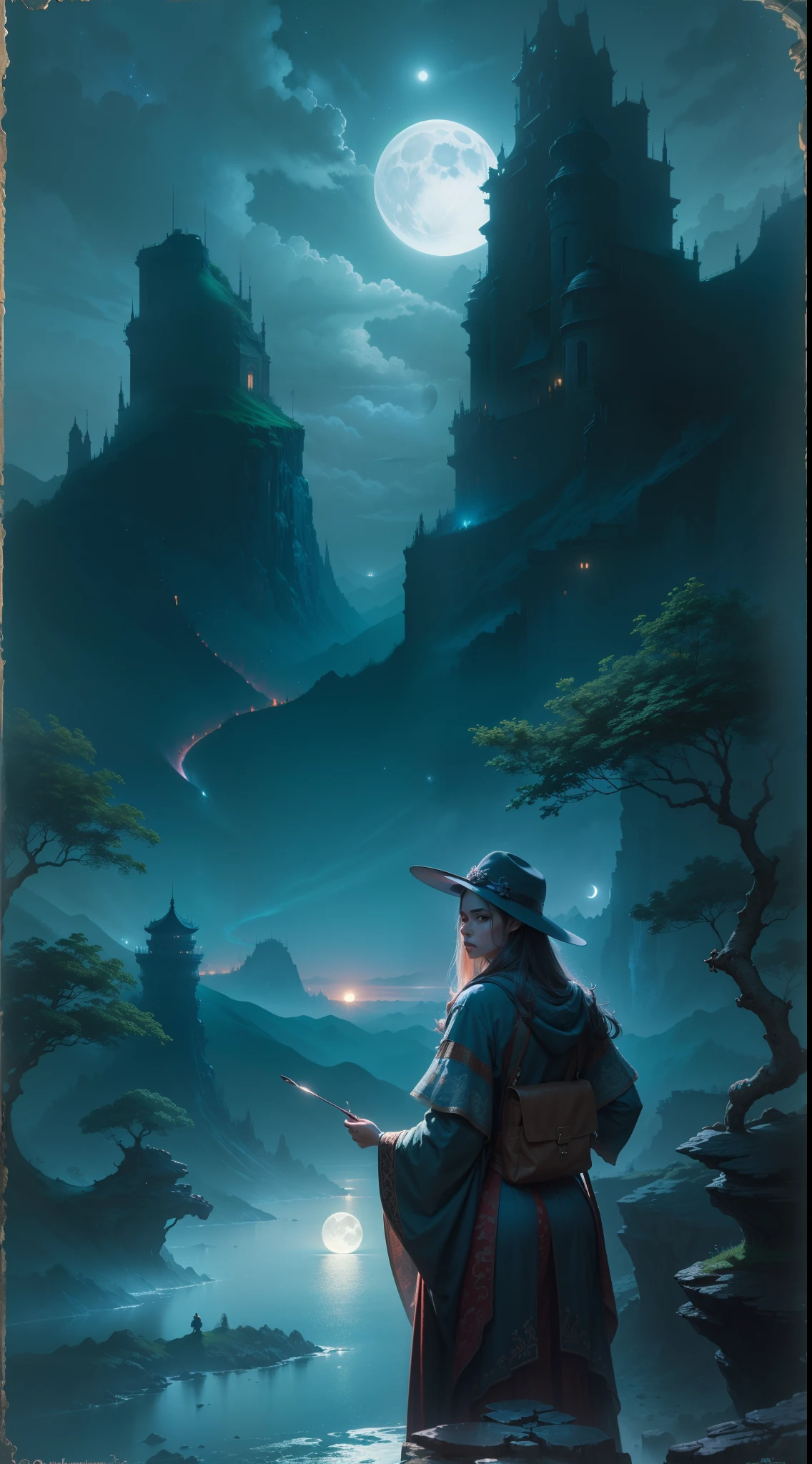 uma bela pintura da Grande Muralha da China, Soft moonlight in the night sky, em Magnificent john howe paisagem, luz de fundo, fantasia, high-definition, Greg Rutkowski, art-station, Motor irreal, Efeito de Luz, conto de fadas wlop