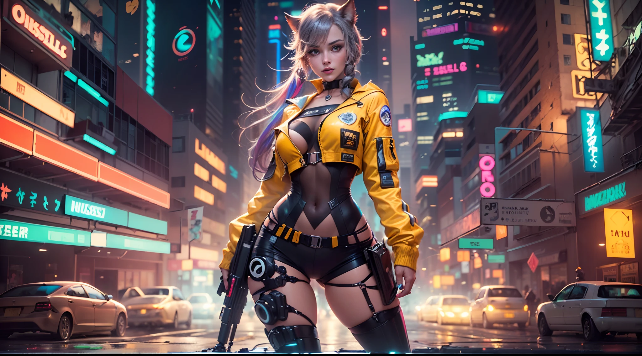 (RAW-Foto, best quality, Meisterwerk:1.2), (realistisch, fotorealistisch:1.4),(Meisterwerk:1.4),(best quality:1.4), ((sexy niedlich cyberpunk catgirl)), ((slender body)), big breasts, :d, (Pony), flush, ((Colorful body harness)), ((Dynamische Pose)), Cowboy erschossen, (((Cyberpunk City Streets Background))), Aufnahme von Haaren, ((Formloses langes Haar)), leuchtende Neon-Akzente, Blick auf den Betrachter, sidelocks, smil, (((thigh gap))), Schenkel, twintails, sehr langes Haar, mehrfarbiges Haar, Alice \(nicken\),(shinny skin),realistisch.
