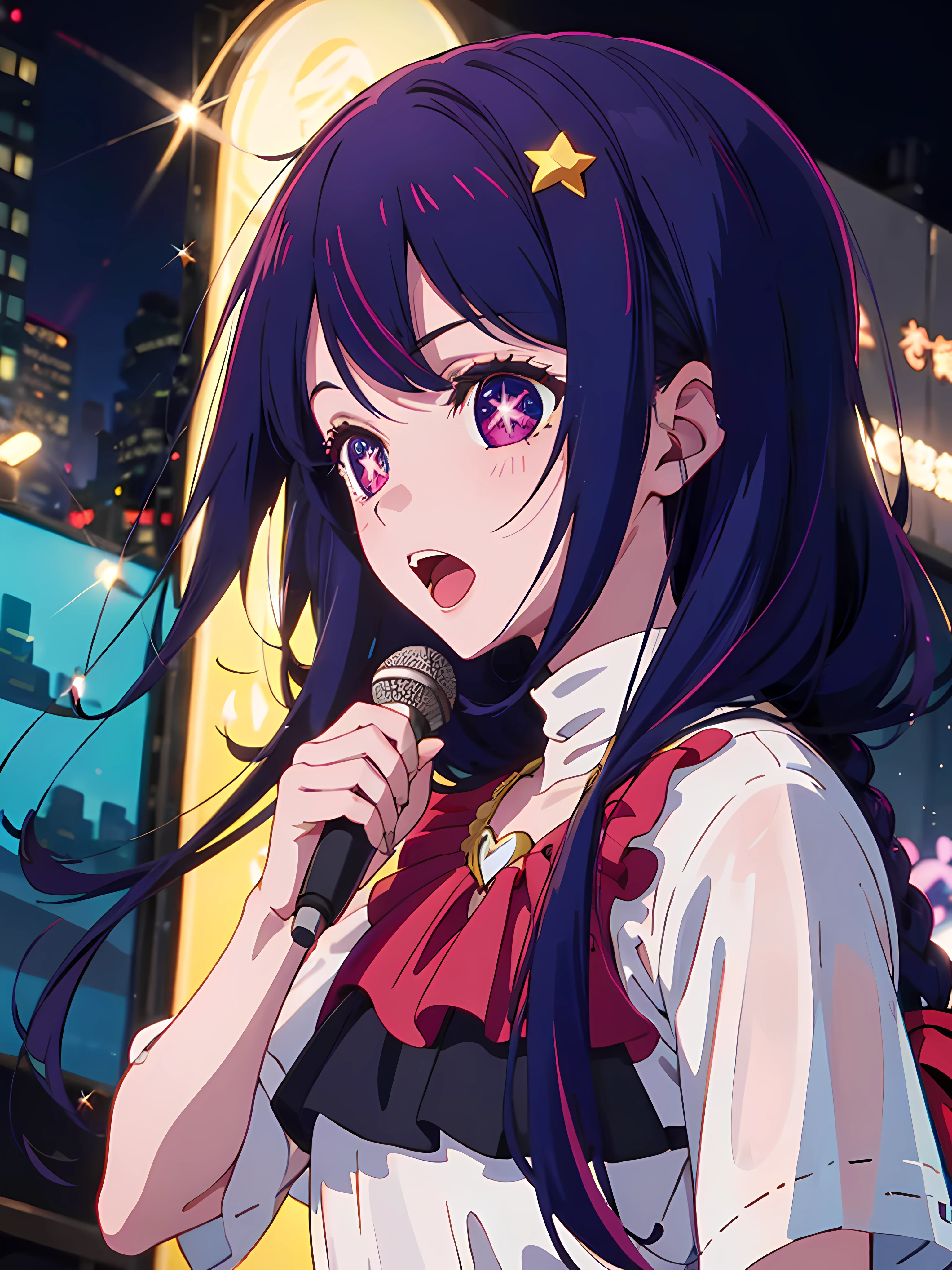 1 girl,Ai Hoshino, Long hair, Purple hair, Striped hair ,Purple eyes, Star-shaped pupils, hair adornments ,Vibrant colors, Girl, Masterpiece, Sharp focus, Best quality, Depth of field,  heartthrob, Sparkle, Outdoors, (Stage), City, ((Singing)), Nice details,