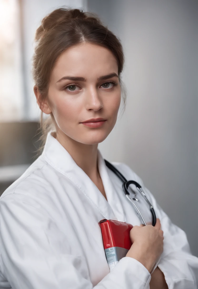 Painting of A 35-year-old paramedic doctor Girl. Woman paramedic in work attire, holdind firs aid kit. Tired soiled. Very tired, dirty face and uniform. Hair taken up in a bun. Daytime. diffused frontal light. Much light on face. front light. shallow shadows on face.