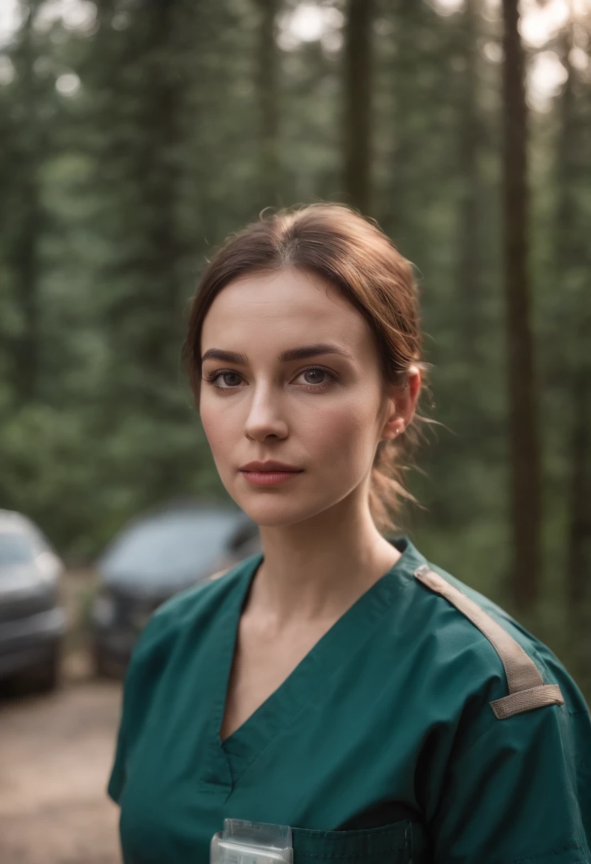 Painting of A 35-year-old paramedic doctor Girl. Woman paramedic in work attire, holdind firs aid kit. Tired soiled. Very tired, dirty face and uniform. Hair taken up in a bun. Daytime. diffused frontal light. Much light on face. front light. shallow shadows on face.