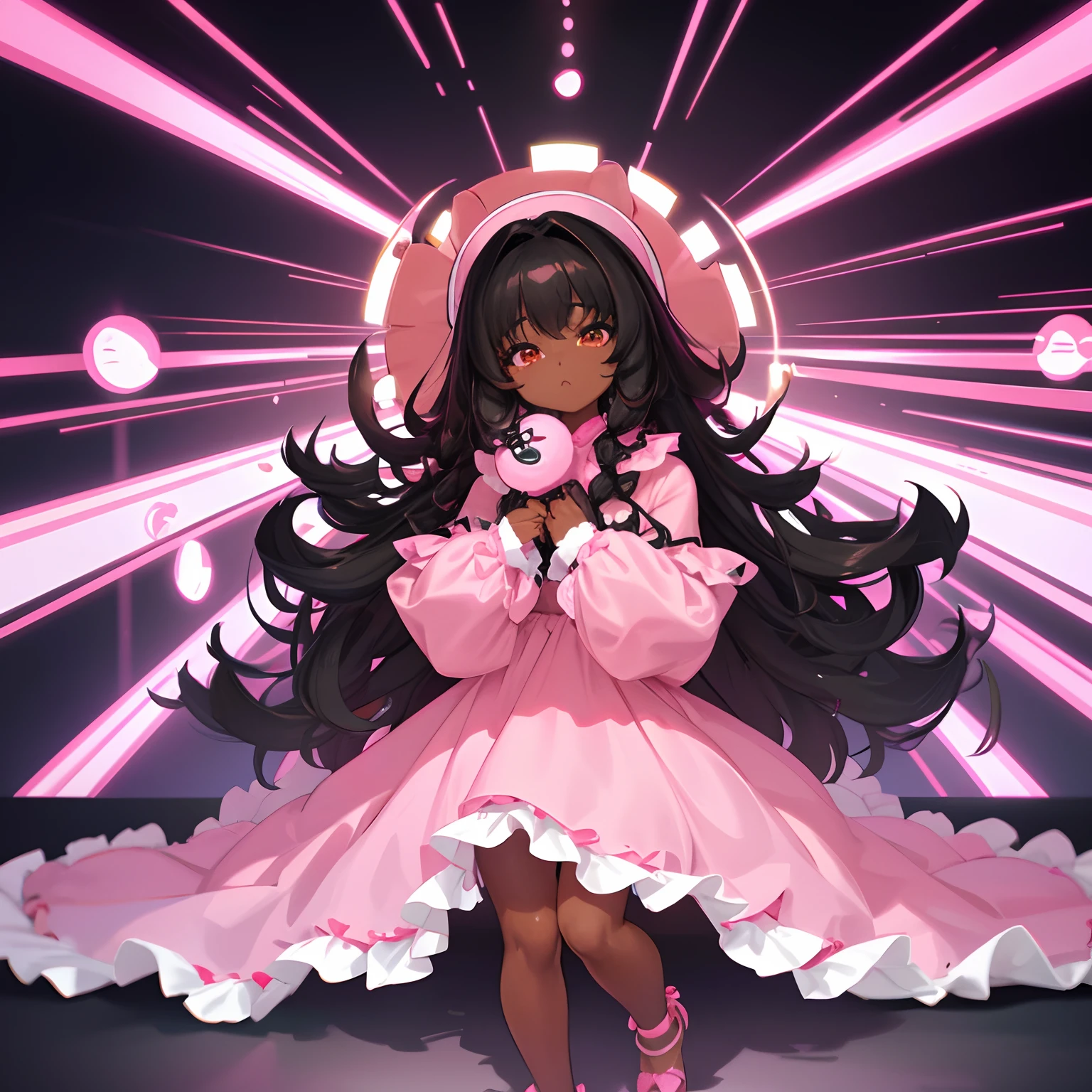 K-pop inspired fancy and cute video scene with a youthful childish looking teengaer cute black dark tan brown skin African American black woman aesthetic in cute clothes long curly hair bubble gum pink cute fluffy pink dress with fluffy sleeves, angelic,music video front shot 中景 the scene is,Full body like, highly detailed surreal vfx,oc rendered,Shot with 70 mm