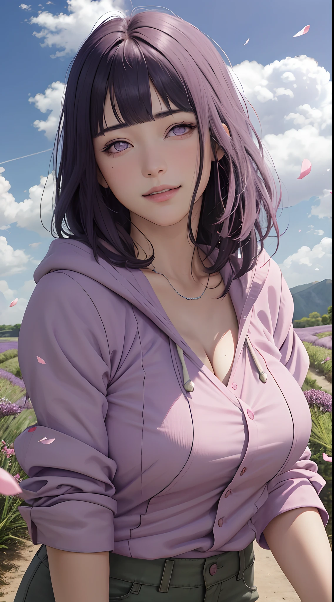 masterpiece, absurdres, hinata\(boruto\), 1girl, solo,mature female, purple hoodie,layered sleeves, brown pants, outdoors,lavender flower field, looking at viewer, (falling petals), cloudy sky, perfect composition, detailed lips, big breast, cleavage,beautiful face, body propotion, blush, (pink lips), long hair, purple eyes, soft gaze, sad smile, super realistic, detailed, photoshoot, realistic face and body, realistic hair, realistic eyes, realistic nose, realistic lips