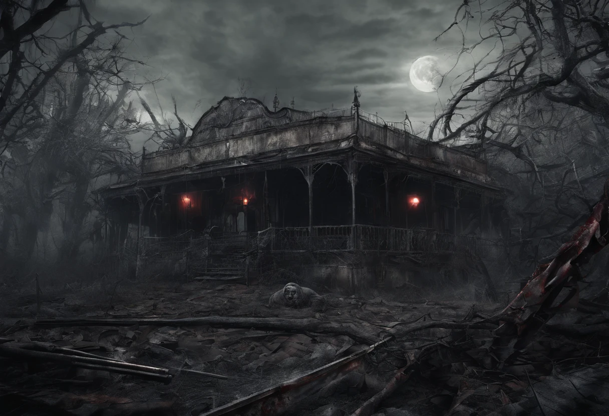 Post-apocalyptic war, Shades of white, noir, Red and rusty colors, Survivors, vegetation, eye shadow, gloomy atmosphere, Darkness, ((the night)), The breadth of the landscape, The cover of the book, Amusement park, A park, Carousel, Slides