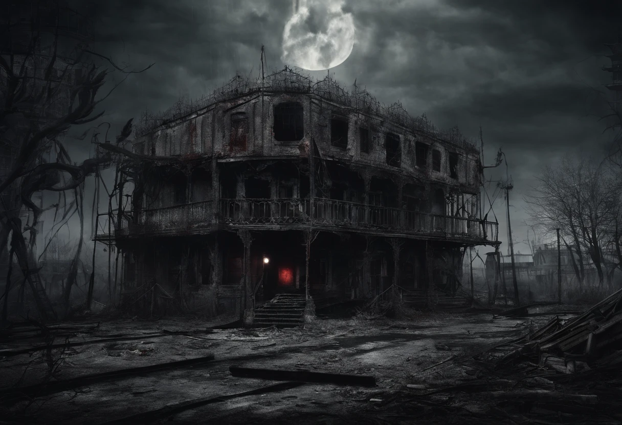 Post-apocalyptic war, Shades of white, noir, Red and rusty colors, Survivors, vegetation, eye shadow, gloomy atmosphere, Darkness, ((the night)), The breadth of the landscape, The cover of the book, Amusement park,  A park, Carousel, Slides