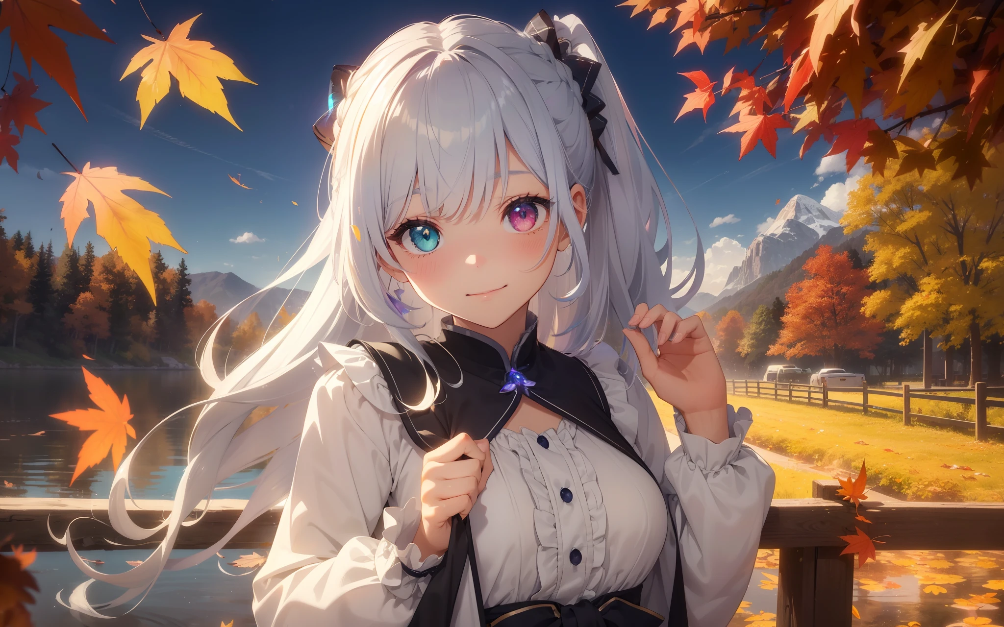 top-quality、Photorealsitic、The ultra-detailliert、delicate、orderly、High Details、bluish-silver ponytail、(Drooping heterochromia iris:1.4)、Gamine、10yaers old、embarrassed from、a smile、A slender、cowboy shot、blured background、(1 girl in:1.1)、GameCG、dynamic ungle、(Bioluminescent hair、radiant eyes:1.2)、ambient occlusion、ambient lights、ray trace reflection、Glow、glowing aura、Radiant hair、autumnal、Colored leaves、Dancing autumn leaves、Autumn leaves reflected on the surface of the lake、