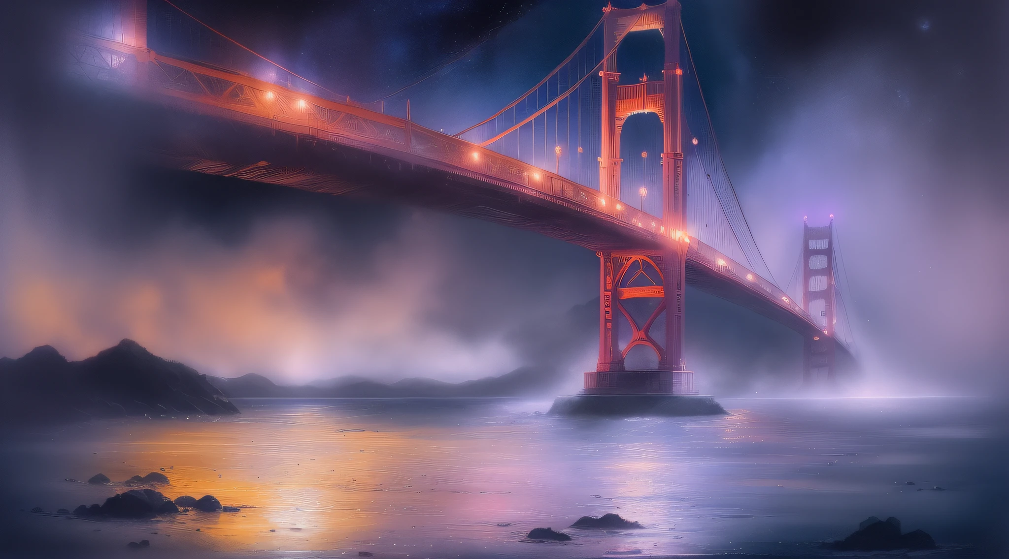 (best quality,4k,8k,highres,masterpiece:1.2),ultra-detailed,(realistic,photorealistic:1. 37),panoramic view,golden gate bridge at night,watercolour,ethereal glow,reverie,purple mist,city lights,usa,misty atmosphere,charming reflection on water,soft pastel tones,subtle brushstrokes,painterly effect,luminous colours,flowing lines,blurred edges,free and expressive style,nostalgic vibrations,dreamlike scene,tranquil and peaceful,delicate water droplets,serene and calm,nocturnal tranquillity,