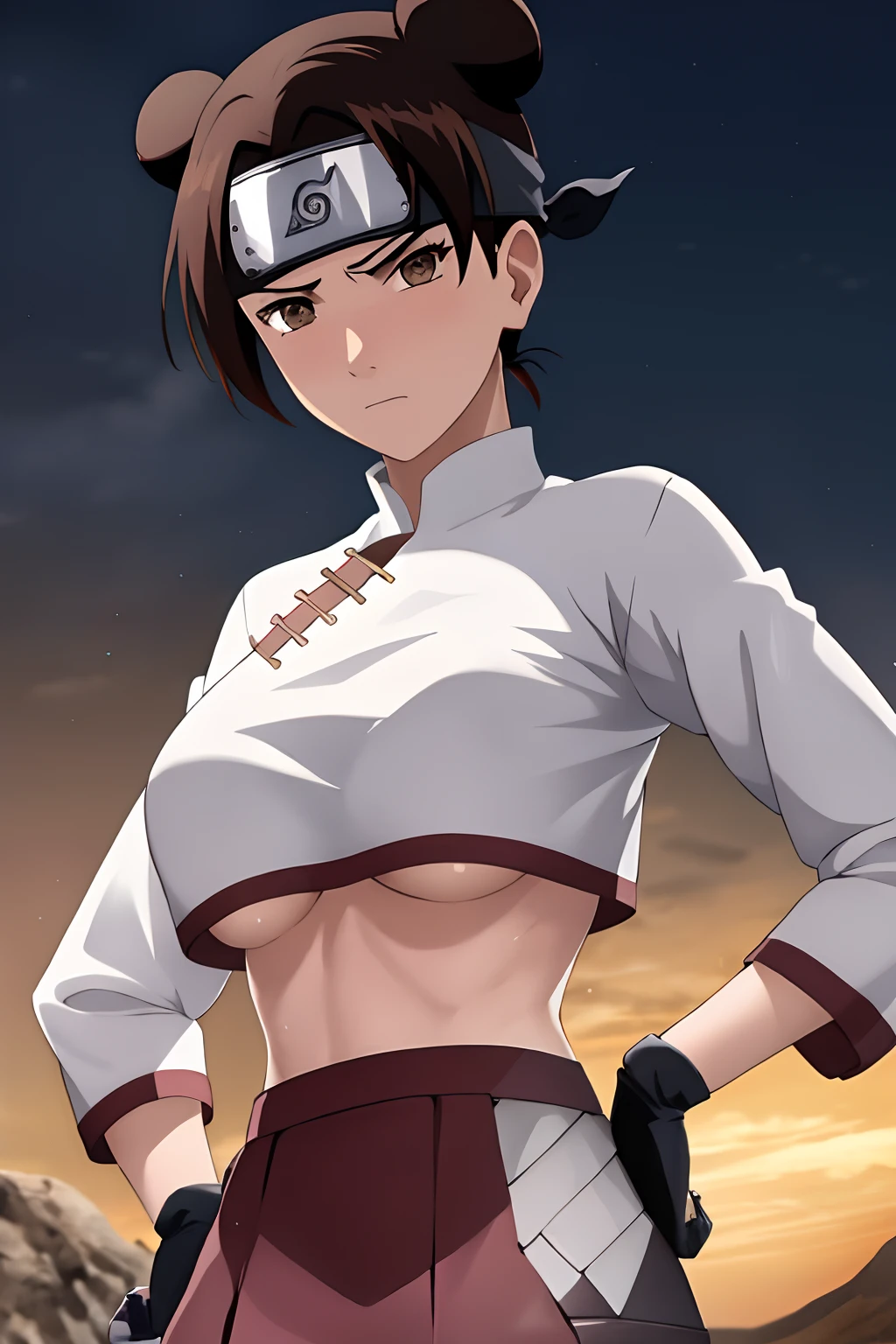 masterpiece, absurdres , (intricate details), (colorful),cinematic lighting,bust shot,extremely detailed CG unity 8k wallpaper,tenten\(shippuden\), 1girl, solo, miniskirt ,(white crop top), hand on hip,forehead protector, konohagakure symbol, headband, looking at viewer, outdoors, dojo, frown, (large breasts), (skinny waist), ((sexy pose)), underboob. blushing, pokies,