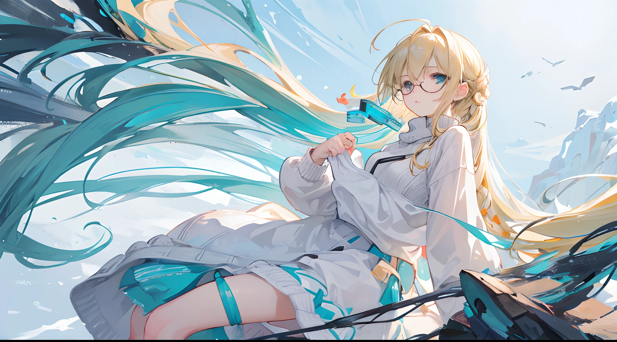 Women, age is 18 years old, blond hair, Turquoise eyes, long-haired, Right side braid, Wear glasses, Wear a sweater...,In the snowfield