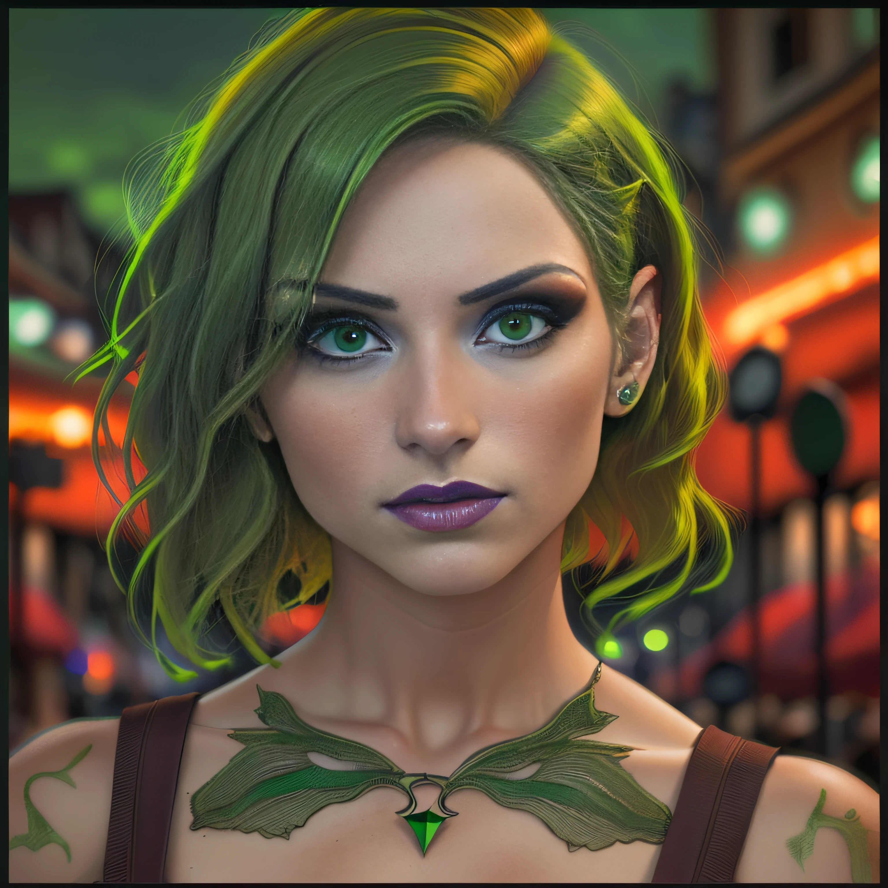 chica linda peliroja con el pelo corto, semirealista, Escena nocturna, Backgroud de la ciudad, Obra maestra, 4k, (((ojos verdes:1.3)))