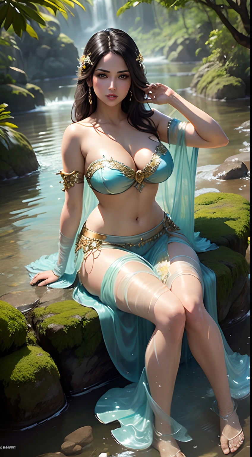 Fantasy image of Sunny Leone as a beautiful fairy, with translucent feathers, large breasts, wearing a strapless bra and a transparent sarong, sitting by a stream of water, full body, front view