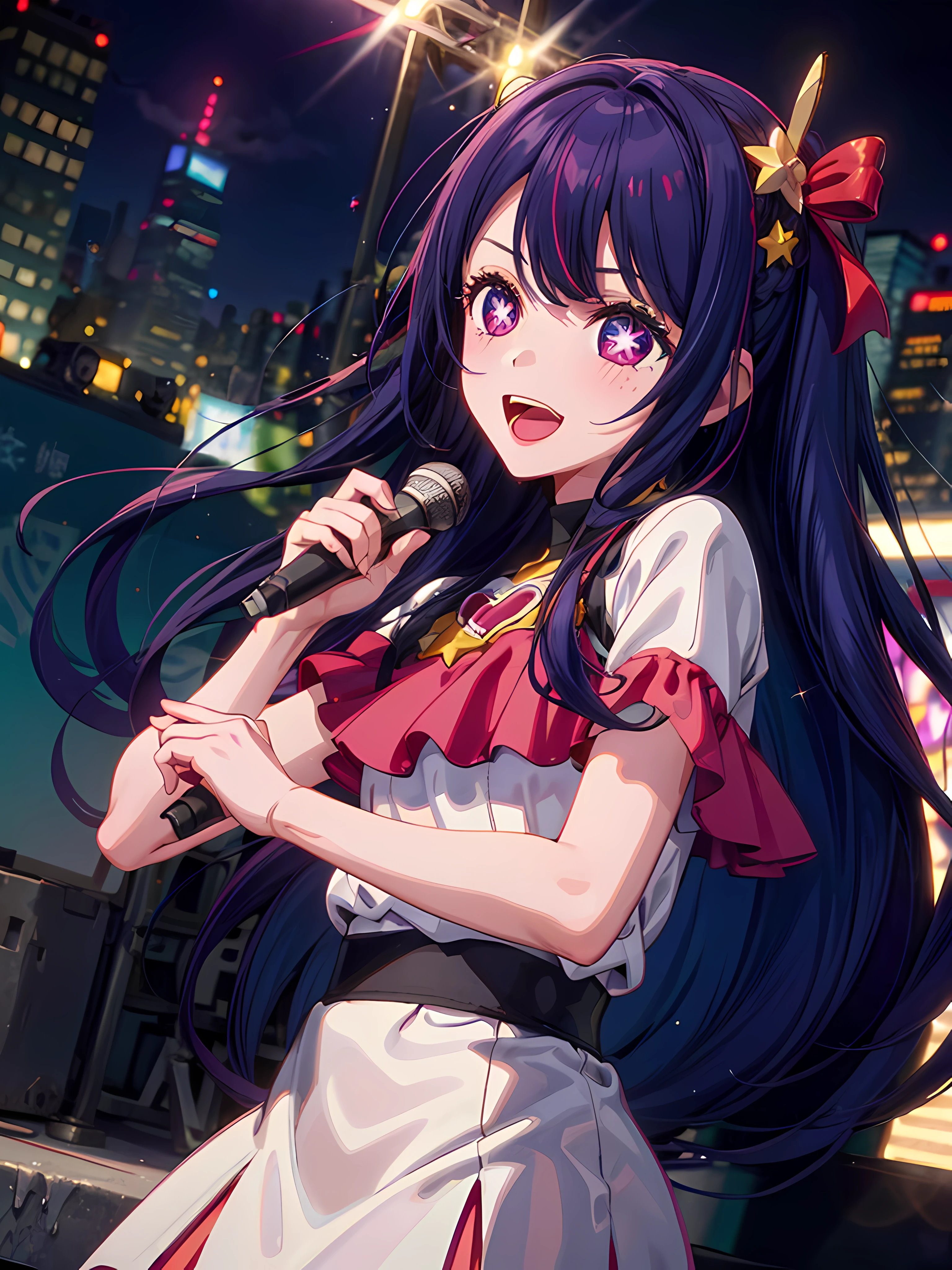 1 girl,Ai Hoshino, Long hair, Purple hair, Striped hair ,Purple eyes, Star-shaped pupils, hair adornments ,Vibrant colors, Girl, Masterpiece, Sharp focus, Best quality, Depth of field, heartthrob, Sparkle, Outdoors, (Stage), City, ((Singing)), Nice details,having fun,rejoice
