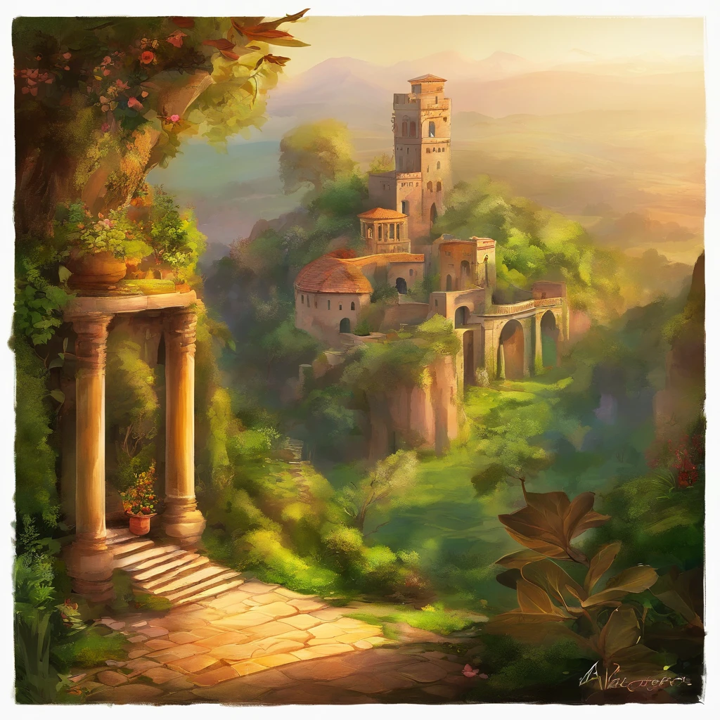 best quality,ultra-detalhado,Altas,Realistic,Landscape,Tower of Jericho,torre de pedra antiga,coberto com vinhas verdes exuberantes,majestic structure reaching to the sky,Rodeado por um belo jardim,lush trees and colorful flowers,Soft sunlight filtering through the leaves,captivating atmosphere of tranquility and history,tons sutis de tons terrosos e verdes vibrantes,sombras delicadas destacando os detalhes intrincados da torre e seus arredores,convidando os espectadores a explorar os segredos deste lugar antigo,Stunning architecture standing as a testament to the past,Tranquil environment perfect for relaxation and contemplation.