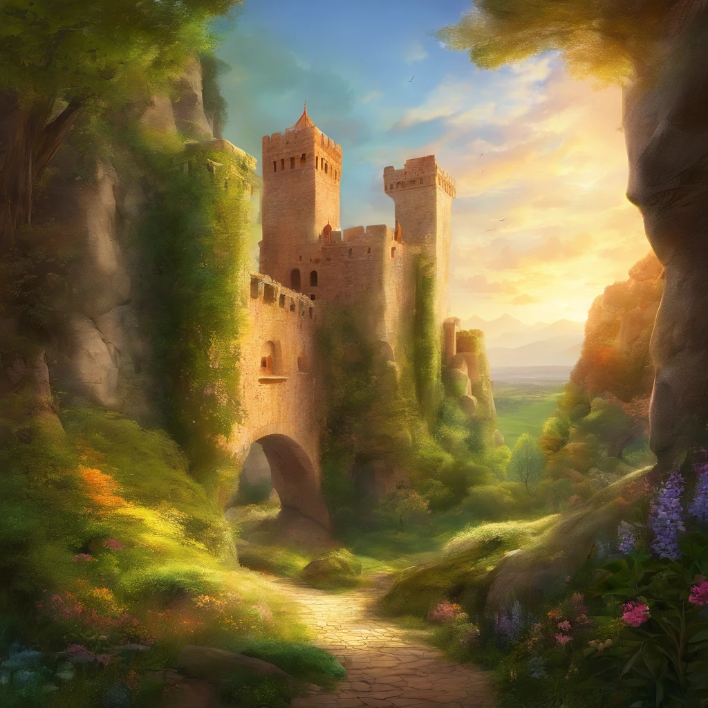 best quality,ultra-detalhado,Altas,Realistic,Landscape,Tower of Jericho,torre de pedra antiga,coberto com vinhas verdes exuberantes,majestic structure reaching to the sky,Rodeado por um belo jardim,lush trees and colorful flowers,Soft sunlight filtering through the leaves,captivating atmosphere of tranquility and history,tons sutis de tons terrosos e verdes vibrantes,sombras delicadas destacando os detalhes intrincados da torre e seus arredores,convidando os espectadores a explorar os segredos deste lugar antigo,Stunning architecture standing as a testament to the past,Tranquil environment perfect for relaxation and contemplation.