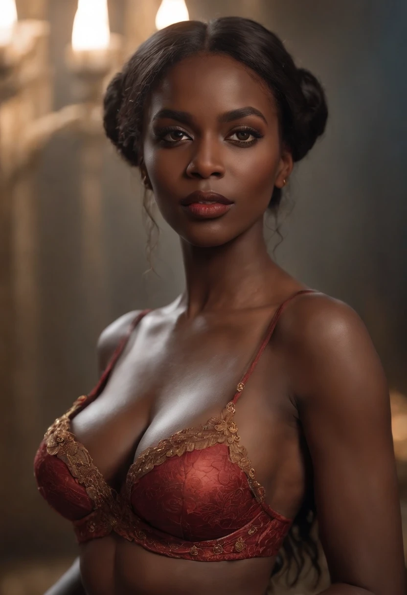Dark-skinned Demon Queen, NSFW, breasts on display, gordura, Peitos medios, quadris grandes, bumbum grande, perfectly proportions, olhos perfeitos, Real-life cores, elegante, foco nítido, hiper-realista, altamente detalhado, RISTY, dramatic lighting, Conceptual resolution Art 8k by Greg Rutkowski Hyper-detailed dynamic lighting Triadic dynamic lighting color splash art trend Artstation Unreal Engine 5