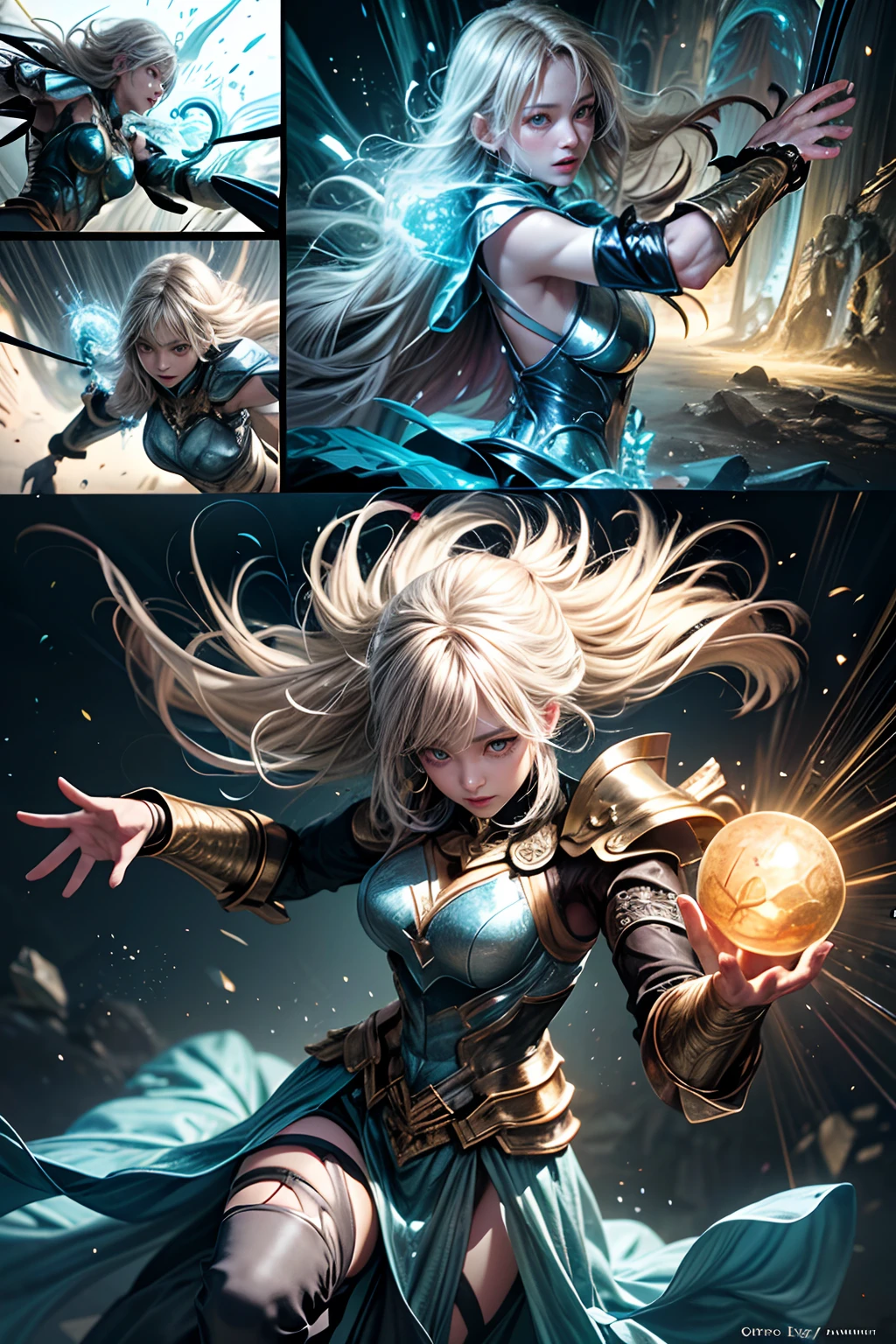 Comic storyboard:1.8, comic strip_layout,""Female magician,Magic Array,Unleash spells,combats", anatomy correct,metall armour,fantasy, Ethereal, (isolation:1.1), (glaze:1.1), (reflective light:1.2), glass, polygon, Ultra detailed, Intricate, oil on the canvas, Dry brush, (surrealism:1.1), (Disturbing:1.1), Enhanced detail., 32K ,hyper HD,Comics-like panel layout, Voice balloons, English text, Hand drawn audio stickers used in comics.