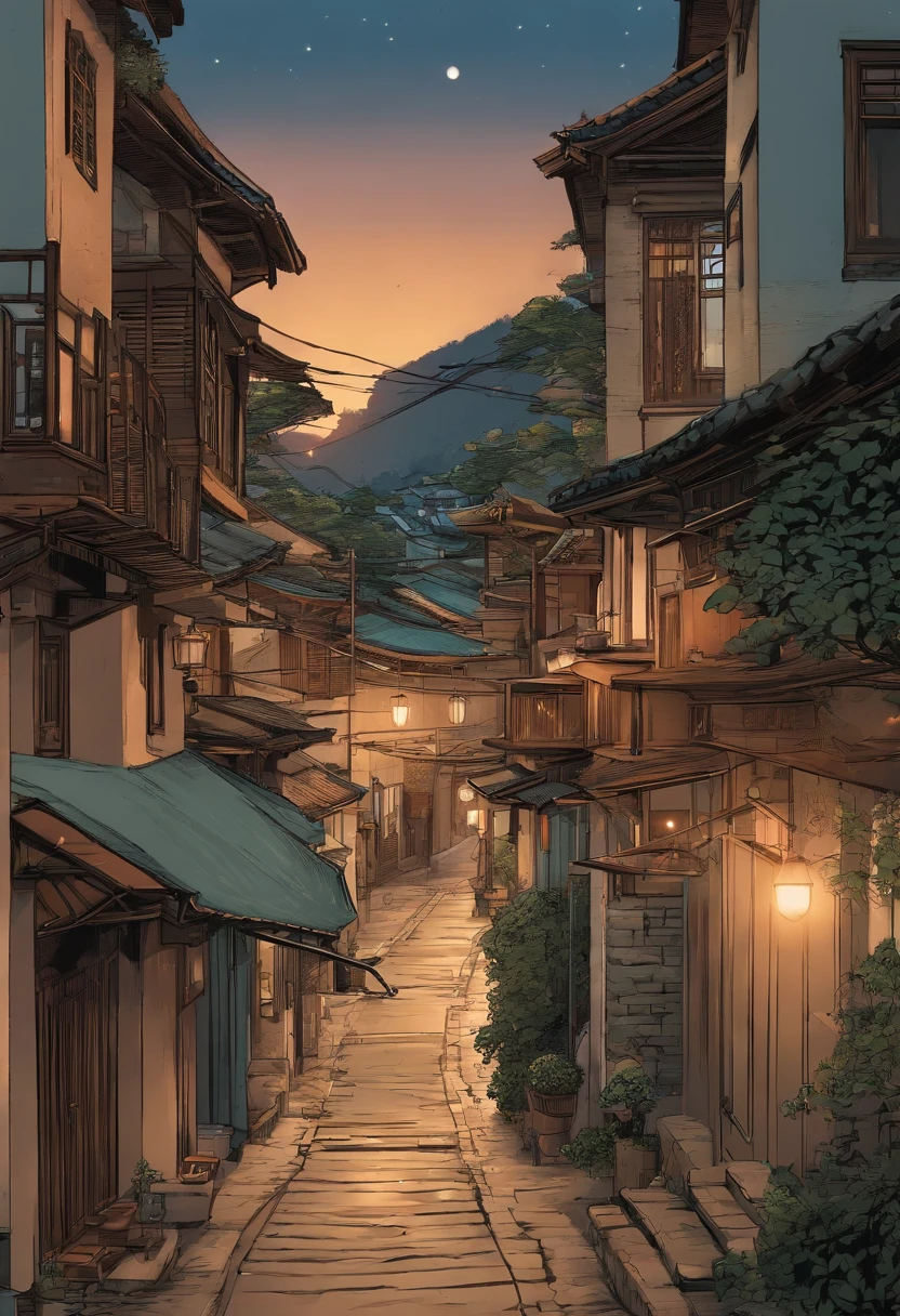 comic strip,Hong Kong comic book style,Fengyun comic style,(((Comic storyboard))),Two-dimensional picture,Estilo de Makoto Shinkai,Makoto Shinkai manga art,s girl,The narrow streets of the town,starrysky,vibrant with colors,super-fine,Smooth lines,high qulity,8K,tmasterpiece