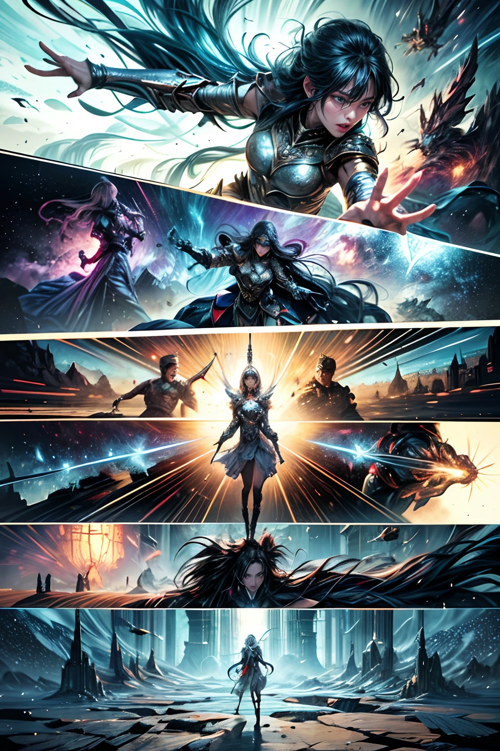Comic storyboard:1.8, comic strip_layout,""Female magician，Magic Array，Unleash spells，combats"， anatomy correct，metall armour，fantasy, Ethereal, (isolation:1.1), (glaze:1.1), (reflective light:1.2), glass, polygon, Ultra detailed, Intricate, oil on the canvas, Dry brush, (surrealism:1.1), (Disturbing:1.1), Enhanced detail., 32K ，hyper HD，Comics-like panel layout, Voice balloons, English text, Hand drawn audio stickers used in comics.