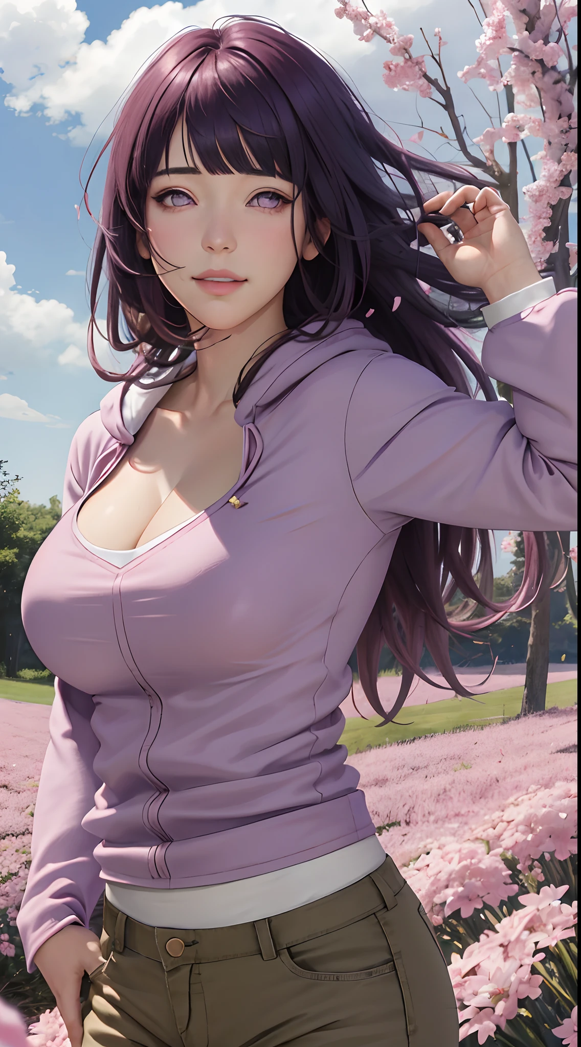 masterpiece, absurdres, hinata\(boruto\), 1girl, solo,mature female, purple hoodie,layered sleeves, brown pants,  outdoors,lavender flower field, looking at viewer, (falling petals), cloudy sky, perfect composition, detailed lips, big breast, cleavage,beautiful face, body propotion, blush, (pink lips), ((long hair:1.3)),  purple eyes,  soft gaze, sad smile,  super realistic, detailed, photoshoot, realistic face and body,  realistic hair, realistic eyes, realistic nose, realistic lips