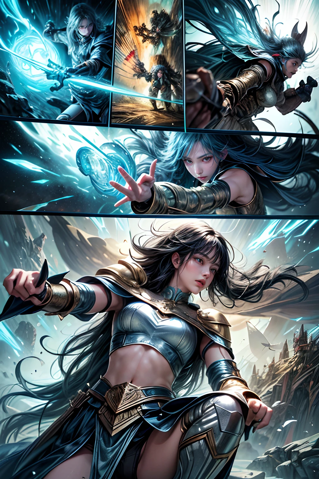 Comic storyboard:1.8, comic strip_layout,""Female magician,Magic Array,Unleash spells,combats", anatomy correct,metall armour,fantasy, Ethereal, (isolation:1.1), (glaze:1.1), (reflective light:1.2), glass, polygon, Ultra detailed, Intricate, oil on the canvas, Dry brush, (surrealism:1.1), (Disturbing:1.1), Enhanced detail., 32K ,hyper HD,Comics-like panel layout, Voice balloons, English text, Hand drawn audio stickers used in comics.