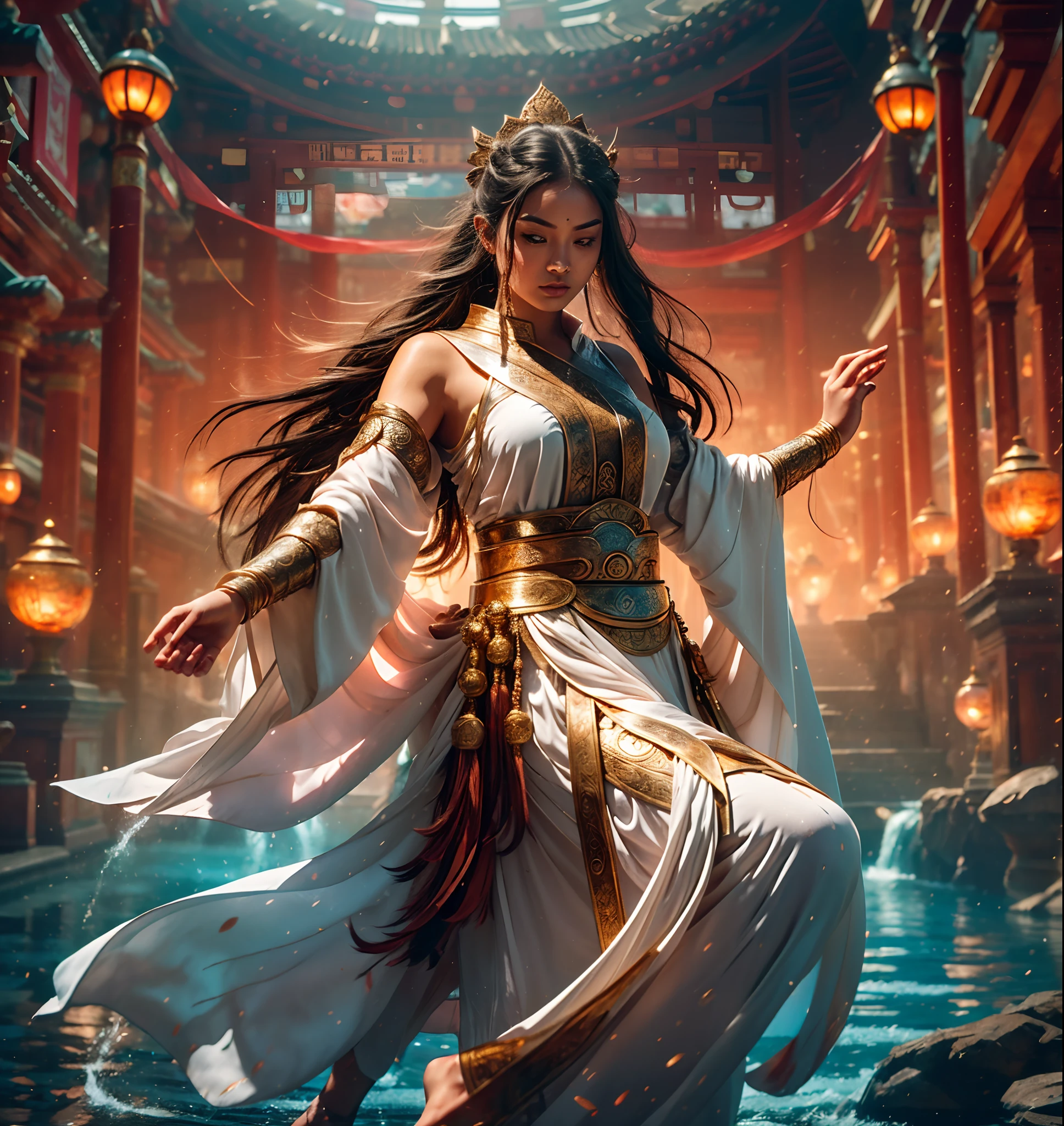 A Buddhist Bodhisattva Girl, (Masterpiece, Top Quality, Best Quality, Official Art), (KPOP idol), (Super Long Hair, Messy Long Flowing Hair, Light Pink Long Hair), Delicate Jewelry, Delicate Bracelet, Delicate Hair Ornament, High Feeling, Aperture in the Back, Fairy Fluttering, Looking Up View, Barefoot, Golden Bracelet on Ankle, Ancient Chinese Costumes, (Conservative Clothes), (Gorgeous Silk, Flowing Tulle, Flying Silk Around), dazzling background, Golden aperture on the back, gold Falun on the back, best light, best shadow, movie lighting, mystery, background pure black with ring aperture, ultra HD, 8k, fair skin, Wolp_style, duhuang_style, upper body close-up, detailed face, (sideways: 1.5), 28 years old, 1girl, well-dressed, super long clothes, one leg on the ground, left hand to do Buddha hand on chest, the other raised above the head to do bergamot, surrealism, photo, realistic,{(Surfacing from the clear pool,(Splashes around the body: 2.0), Splashes, Water ripples)}, (Wet clothes: 1.5) (Wet body: 3.0), (Wet hair: 1.5)}, Mid-chest, 48KG weight, smooth skin, light blue pupils, detailed eye painting, (Super white skin, supple skin), (Face focus, bending over to look at the camera, snap), light hitting the face