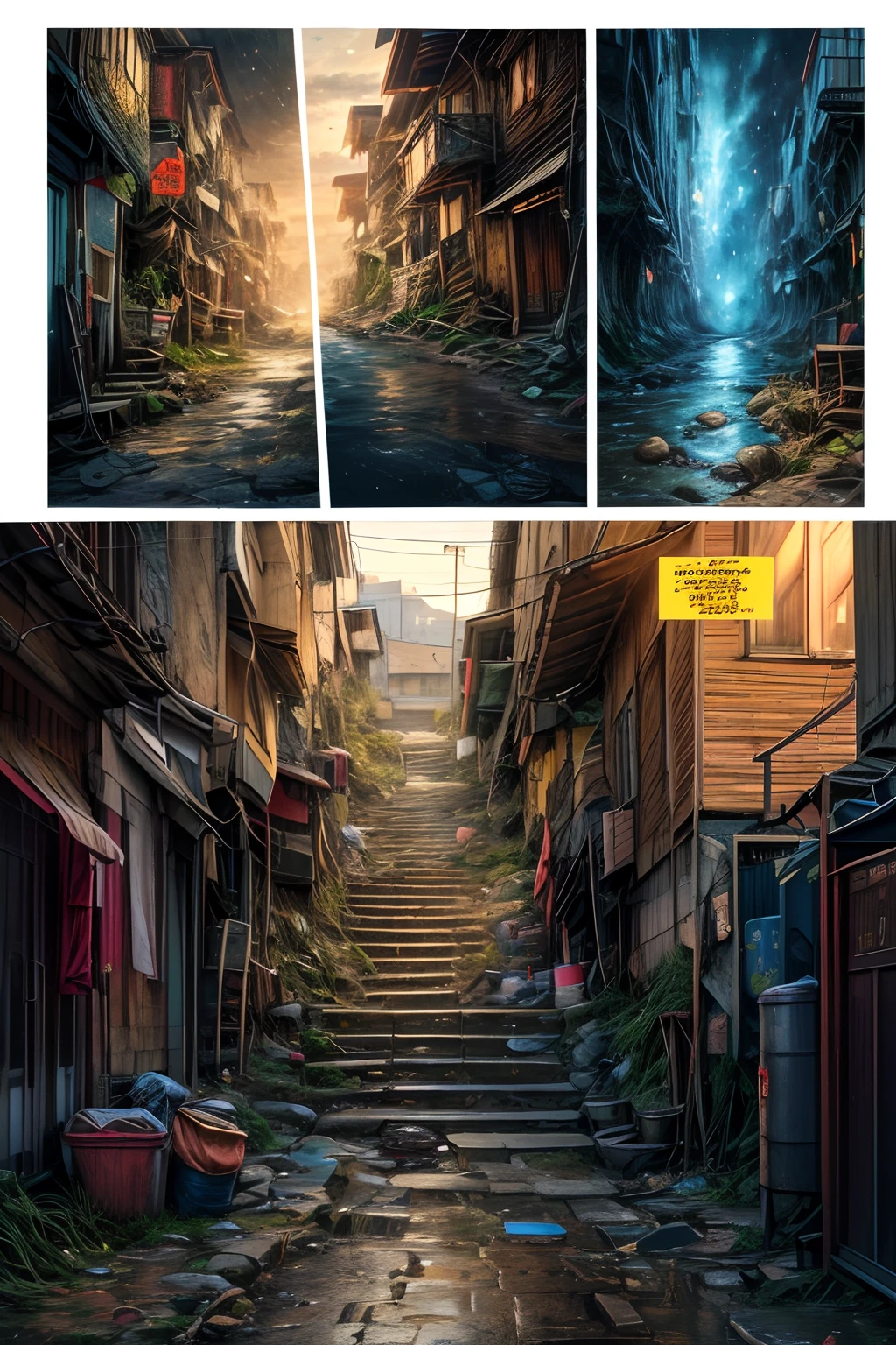 Comic storyboard:1.8, comic strip_layout,"Golden Lower Labrador，A city where it rains，Garbage heap，Wet hair，cute little，hunger，sludgy，trash cans"， anatomy correct，fantasy, Ethereal, Ultra detailed, Intricate, oil on the canvas, Dry brush, (surrealism:1.1), , Enhanced detail., 32K ，hyper HD，Comics-like panel layout, Voice balloons, English text, Hand drawn audio stickers used in comics.