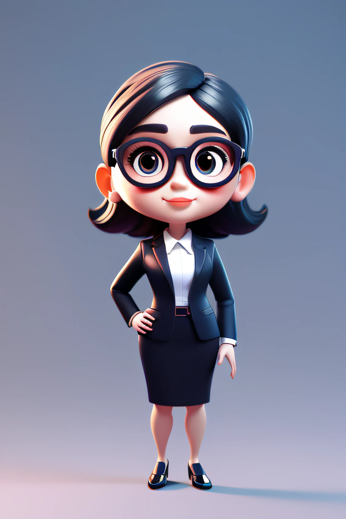 Personagem 3D,office girl,cabelos de cor preta,wears glasses,prette,Carinhoso,sorrir(Meio corpo:1.2),SimpleBackground,uma obra-prima de,Melhor Quoridade,(GRADIENT BACKGROUND color 0087fe1.1)
