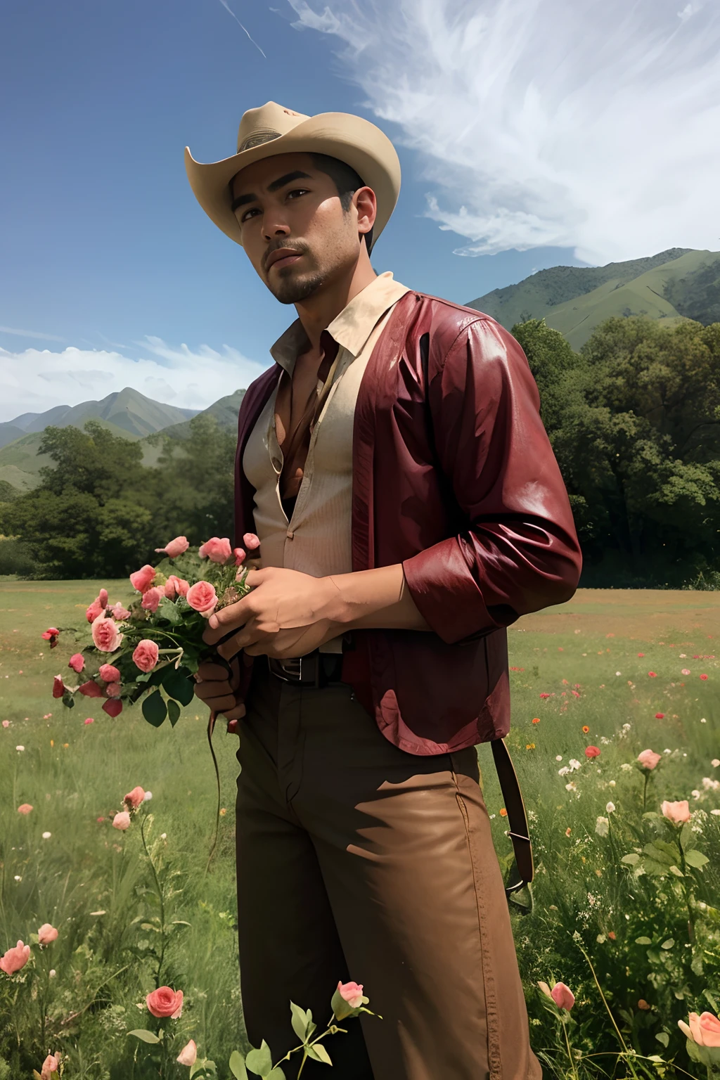 lone male cowboy holding wild roses on a field, brown attire, filipino american,