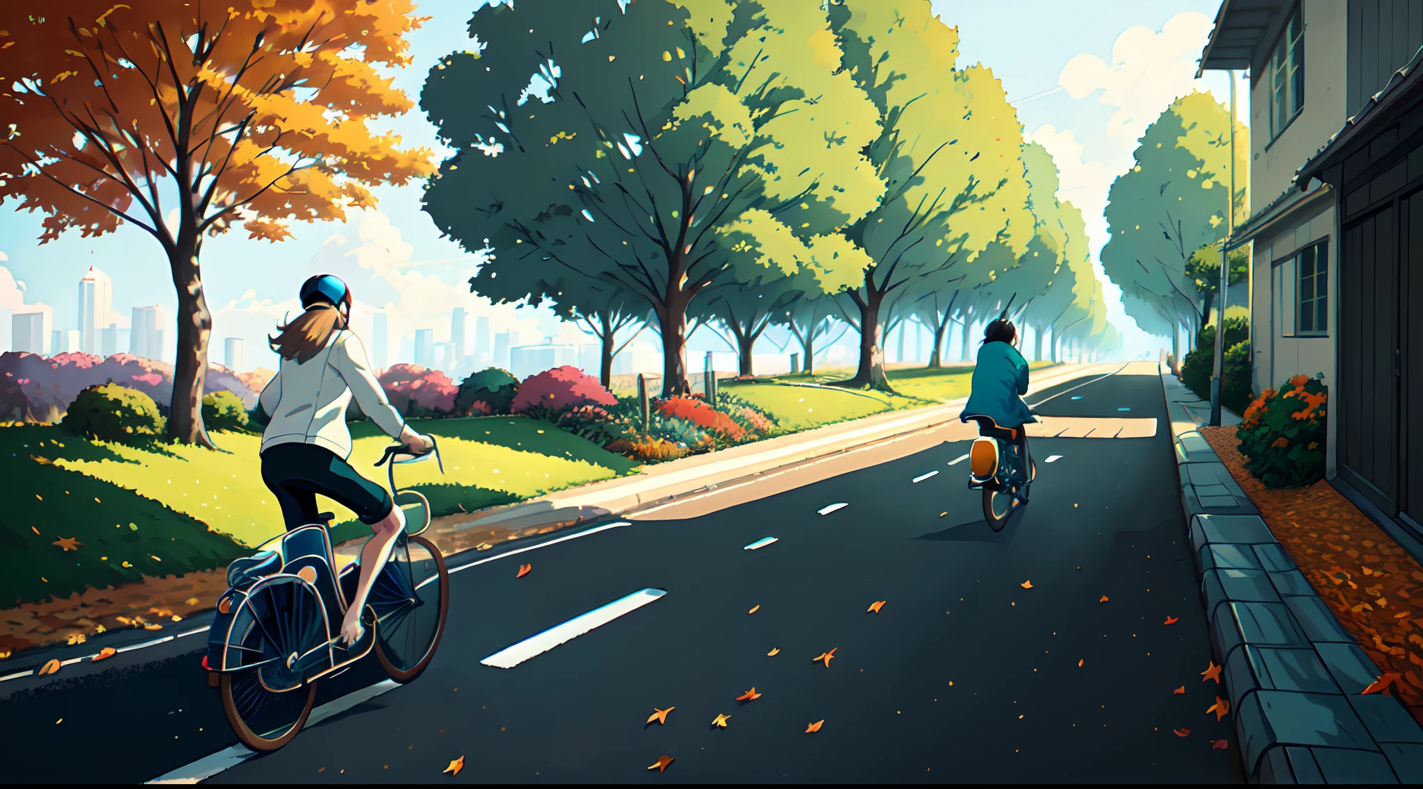 (bicyclette:1.5), (Realistic bike: 1.5), (realistic cyclist: 1.5), Plan en gros plan, Le meilleur des meilleurs, automne, orange leaves, Landscaped background, ombres, contraste, Makoto Shinkai (beste-Qualit:1.3), (high resolucion:1) Art par Studio Ghibli Style, impressionnisme, couleurs vibrantes