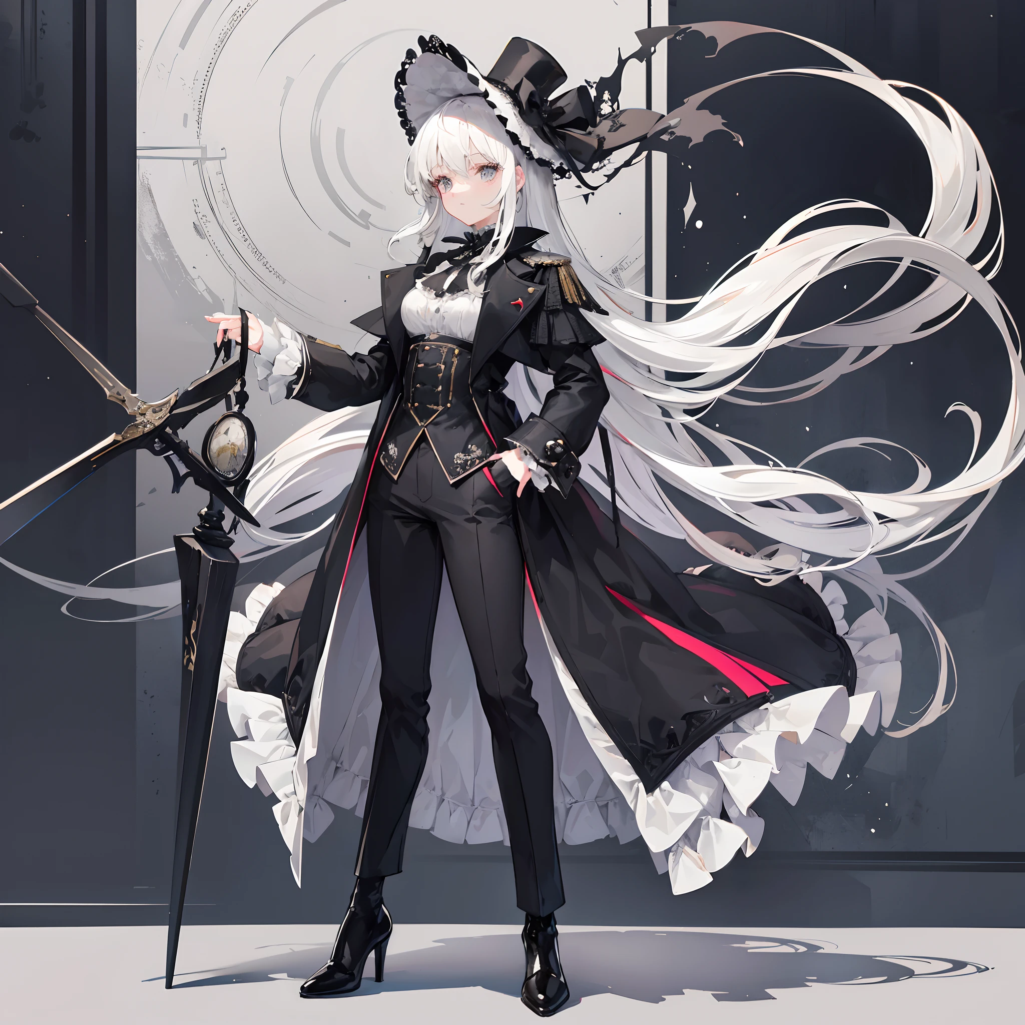 1 girl(40years old),long white hair,grey eyes,a victorian era style small woman's hat,wearing a black  buttoned up victorian era coat ,black tight like pants,black heels,black pants