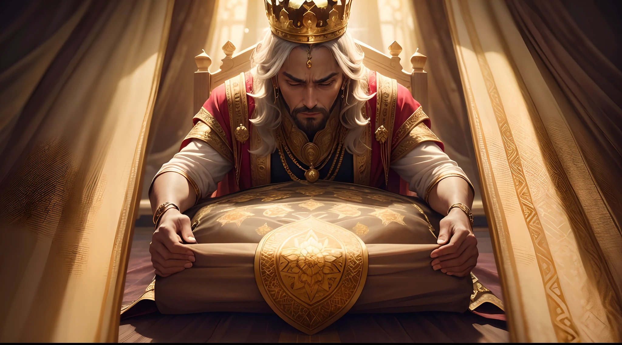 the powerful king's inner journey. On one side, portray the king in his opulent royal attire, his face expressing wealth but unhappiness. On the other side, illustrate the same king dressed as a humble beggar, radiating inner contentment and peace. This image should visually convey the transformation from external riches to internal happiness. Use colors, expressions, and details to capture this emotional journey."