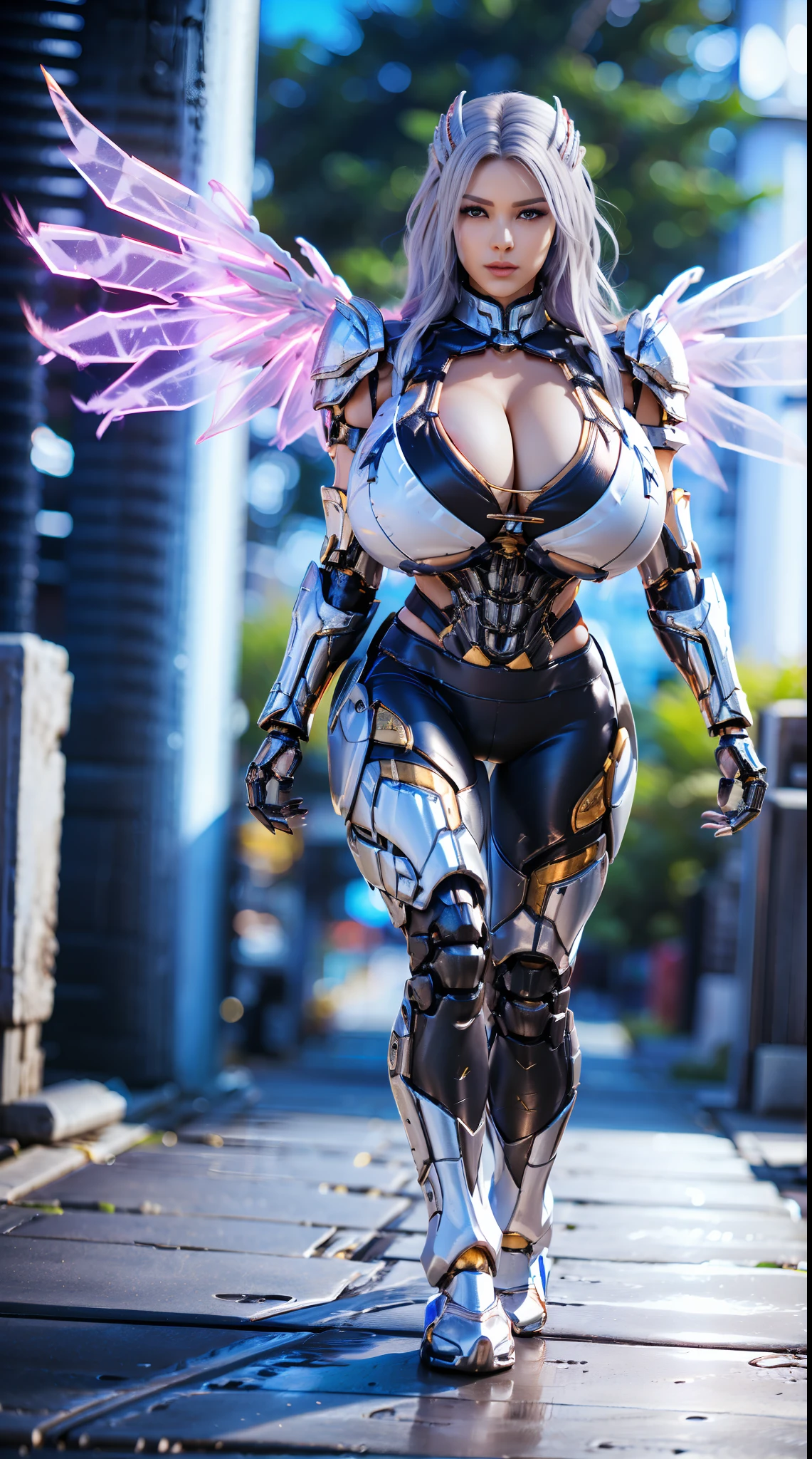 A CUTE WOMAN, BEAUTIFULL FACE, HUGE FAKE BOOBS, (WHITE HAIR), (BLUE MECHA PHOENIX ARMOR FULL GEAR), (SKINTIGHT YOGA PANTS), (CLEAVAGE), ((A PAIR MECHANICAL DOUBLE HUGE WINGS:1.2)), (FULL BODY:1), TRANSPARANT, (TALL LEGS:1.2), (WALKING), (SEXY BODY:1), (MUSCLE ABS:1).
