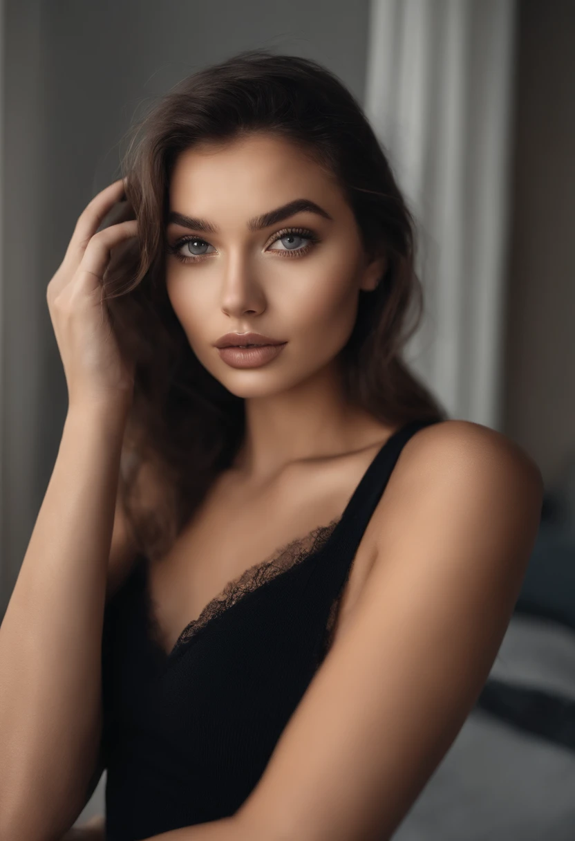 Arafed woman with a white tank top and necklace, fille sexy aux yeux verts, Portrait Sophie Mudd, cheveux bruns et grands yeux, selfie of a young woman, Yeux de chambre, Violet Myers, sans maquillage, maquillage naturel, looking straight at camera, Visage avec Artgram, Maquillage subtil, Superbe photo du corps entier, piercing green eyes, Bel angle, pose attrayante, fille mignonne, sexy pose, Image du corps entier, corps entier, Prise de vue du corps entier, brunette goddess, High detail, pose satisfaite, Pantalon en cuir